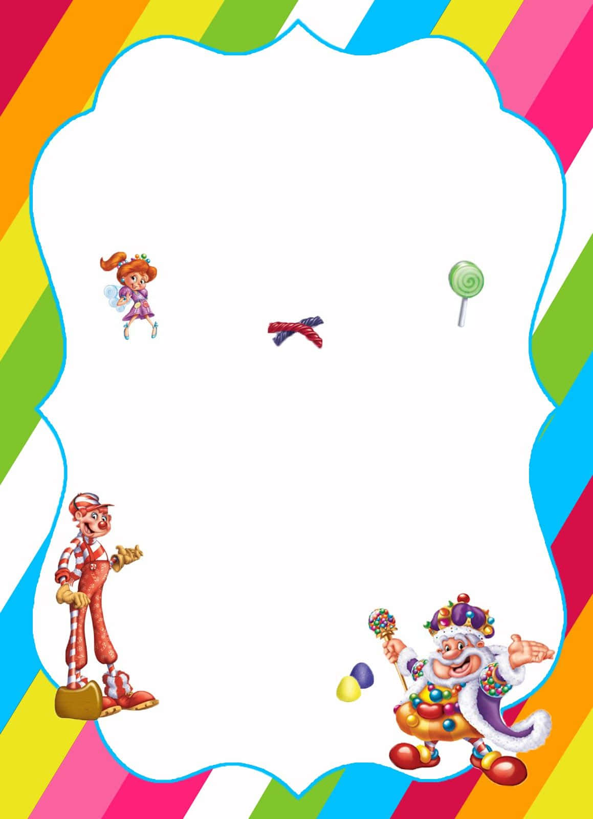 Candy Land 桌布 壁紙 — 充滿活力的卡通邊框，以小丑、仙女和糖果在彩虹條紋上，框住一個空白中心。