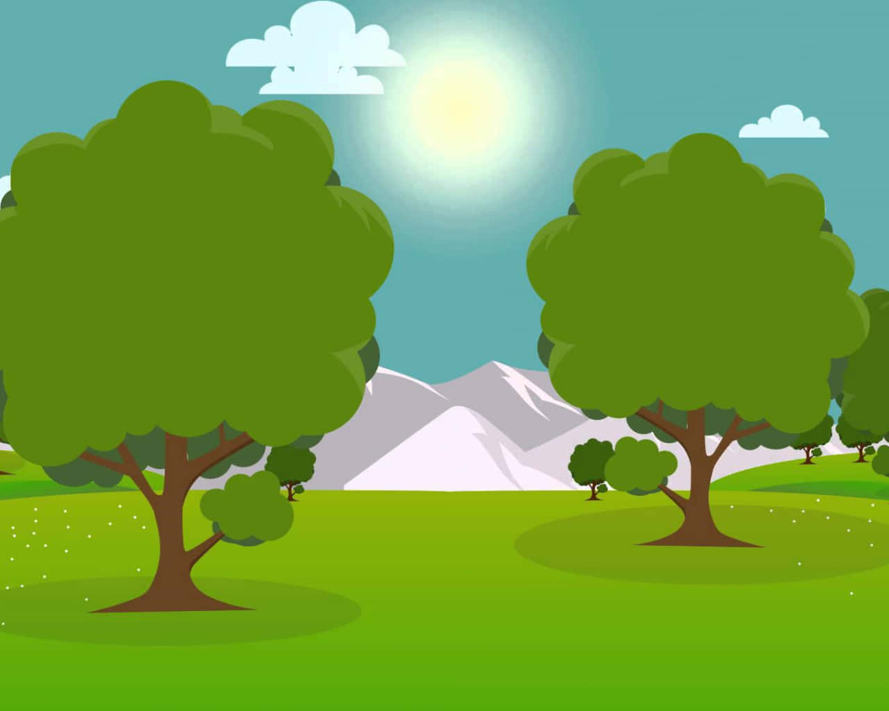 Sunshine 桌布 壁紙 — 充滿活力的卡通風景，有茂密的綠樹和白雪覆蓋的山脈，在明亮的陽光下。