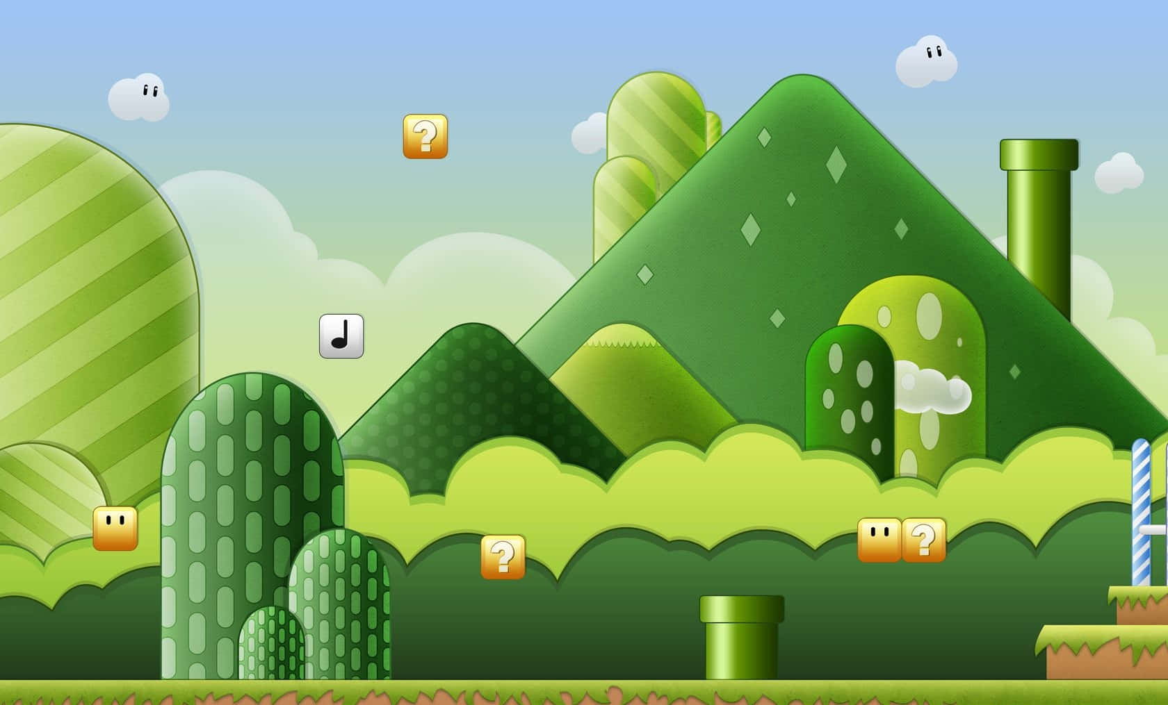 Mushroom Kingdom 桌布 壁紙 — 充滿活力的卡通風景，綠色山丘、問號方塊和管道，藍天白雲。