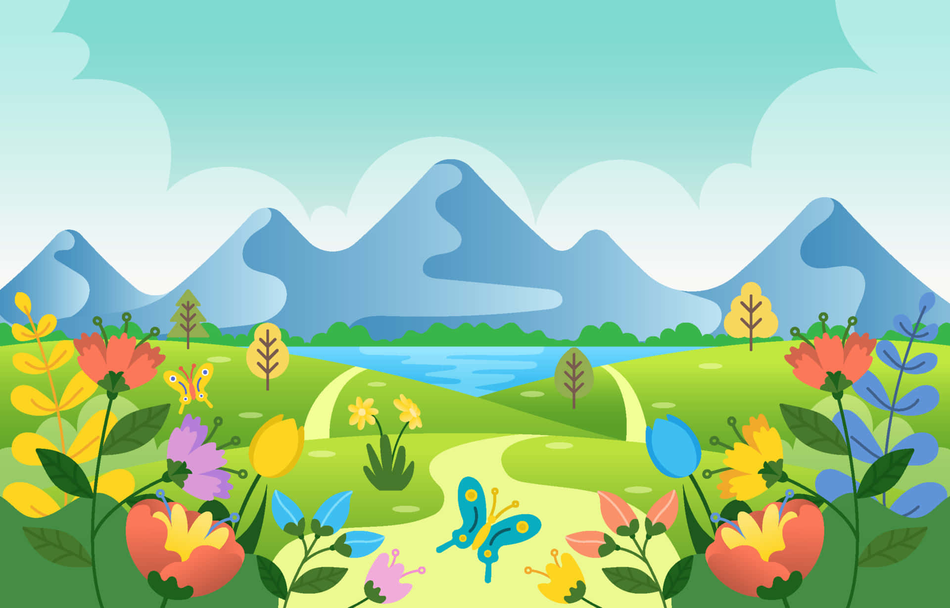 自然風景動圖 桌布 壁紙 — 充滿活力的卡通風景，蜿蜒小徑穿過色彩繽紛的花朵、蝴蝶和遠處的藍色山脈，天空柔和。