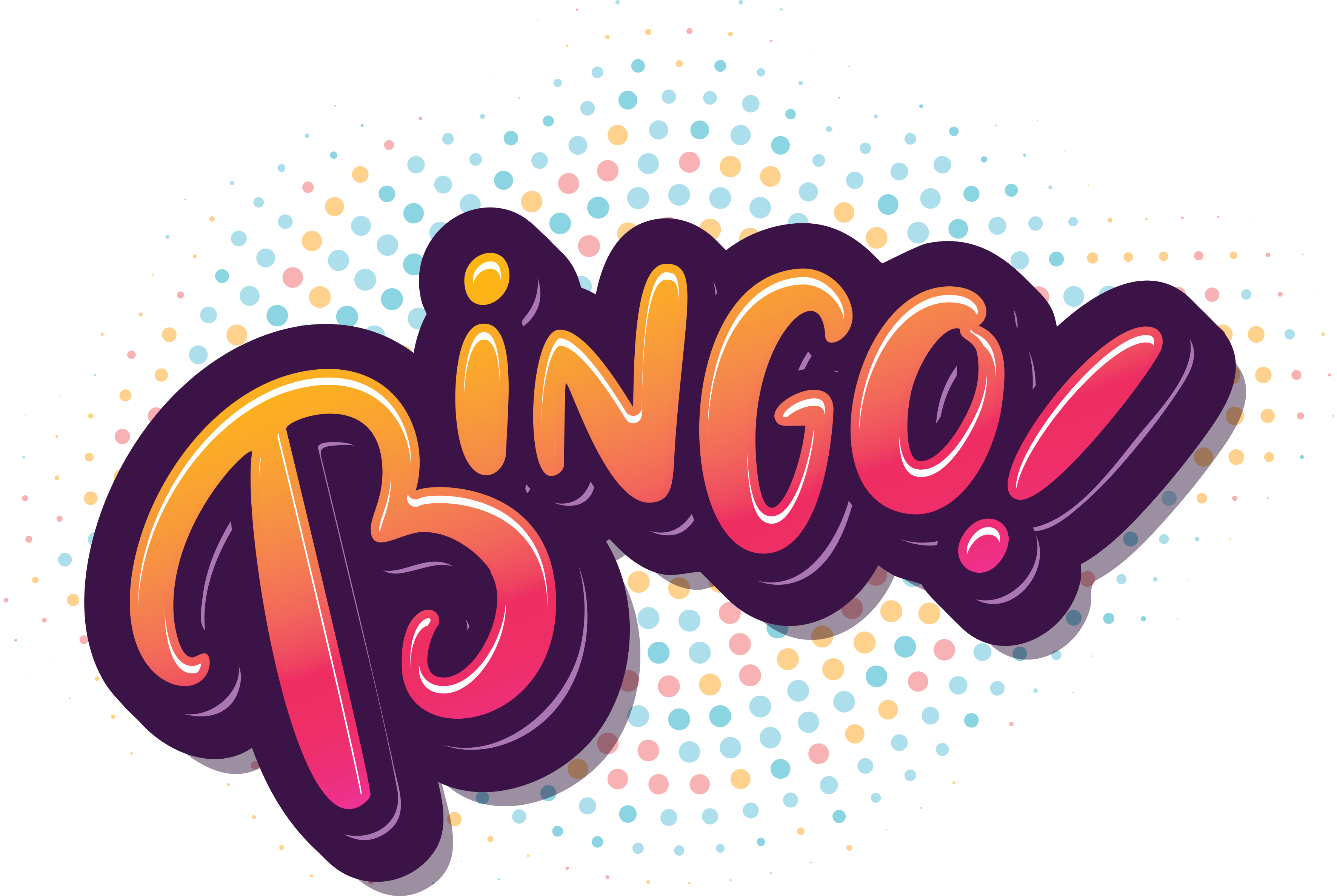 Bingo 桌布 壁紙 — 充滿活力的卡通風格 'Bingo!' 文字，帶有漸變色和圓點背景，襯以黑色。