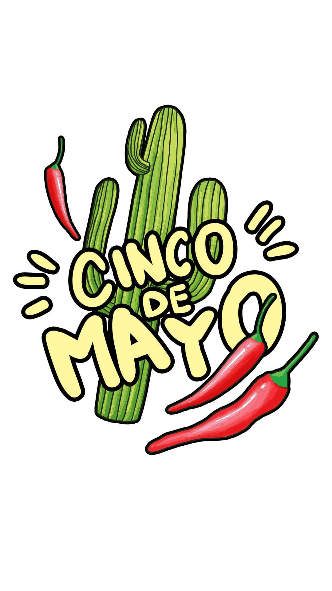 Cinco De Mayo 桌布 壁紙 — 充滿活力的卡通風格 Cinco de Mayo 標誌，白色背景上有綠色仙人掌和紅辣椒。