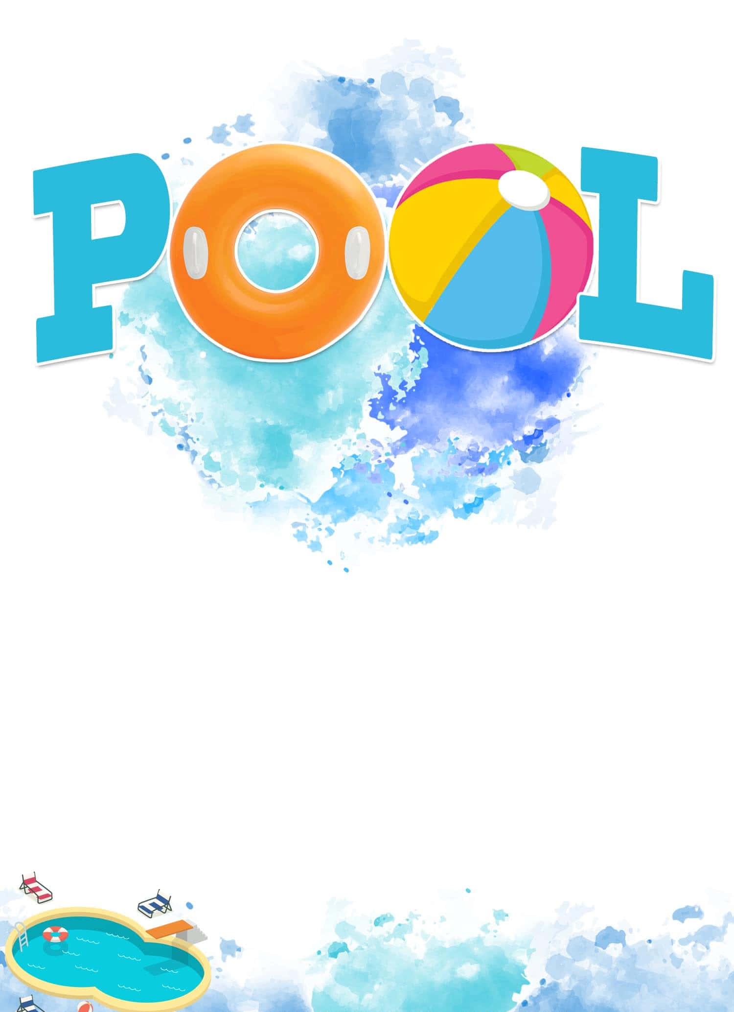 graphic design 桌布 壁紙 — 充滿活力的卡通風格「POOL」文字，配有充氣泳圈和沙灘球，以水彩藍色潑濺在白色背景上。
