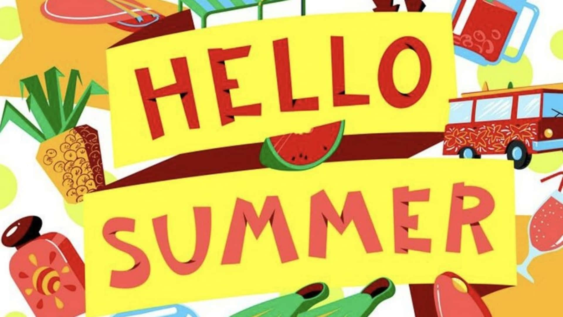 Summer Zoom 桌布 壁紙 — 充滿活力的卡通風格「哈囉夏天」標誌，周圍環繞著鳳梨、西瓜和色彩繽紛的夏季物品。