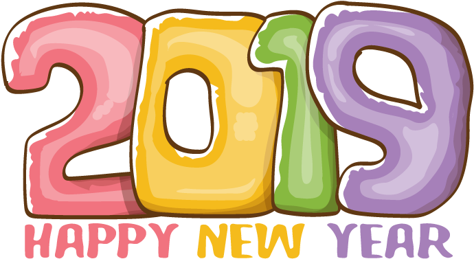 新年快樂 桌布 壁紙 — 充滿活力的卡通風格2019新年文字，帶有光澤糖果般的數字和節日訊息，背景為黑色。