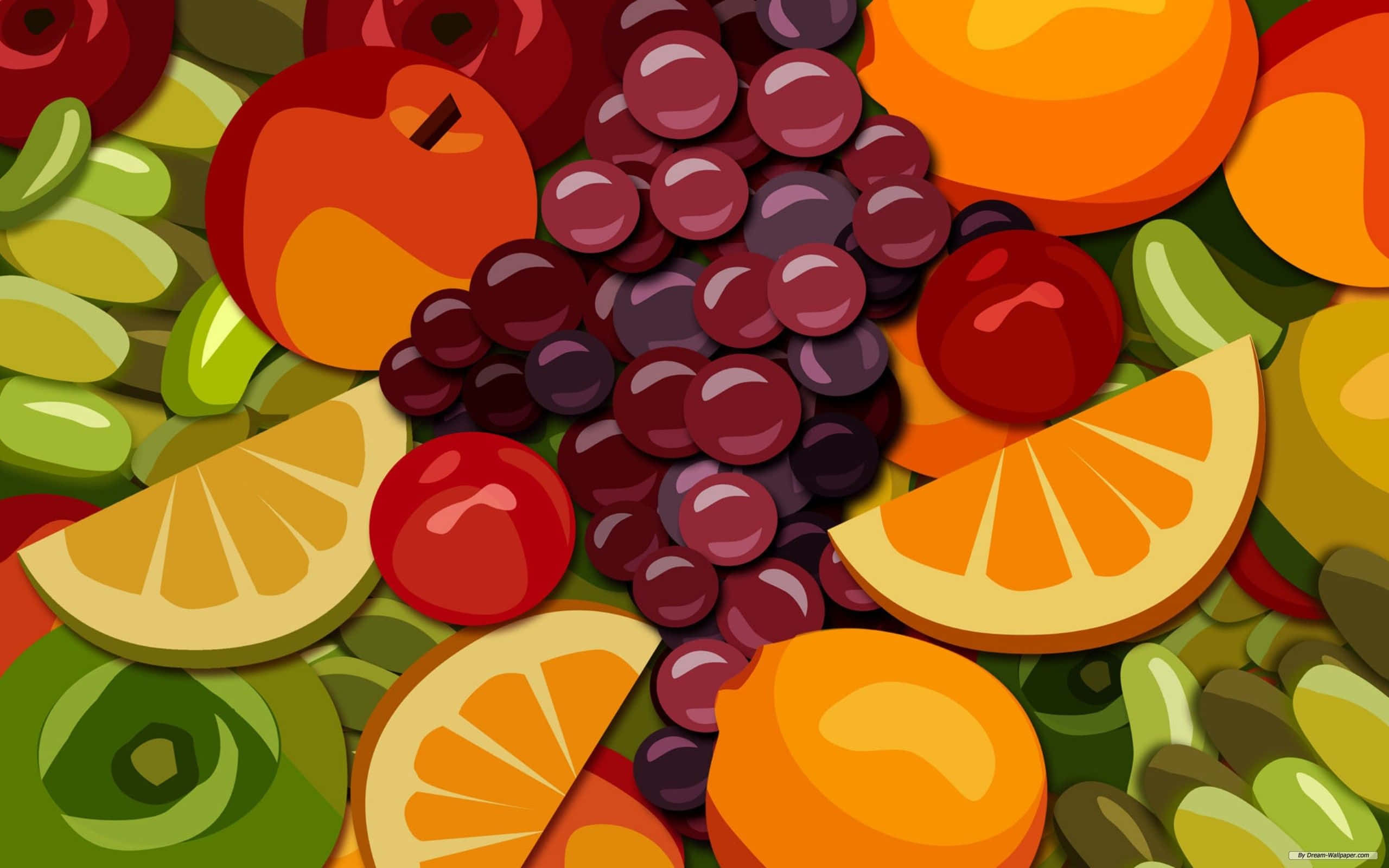 Fruits 桌布 壁紙 — 充滿活力的卡通風格切片柑橘類水果、葡萄、櫻桃和蘋果的組合，色彩大膽飽和。