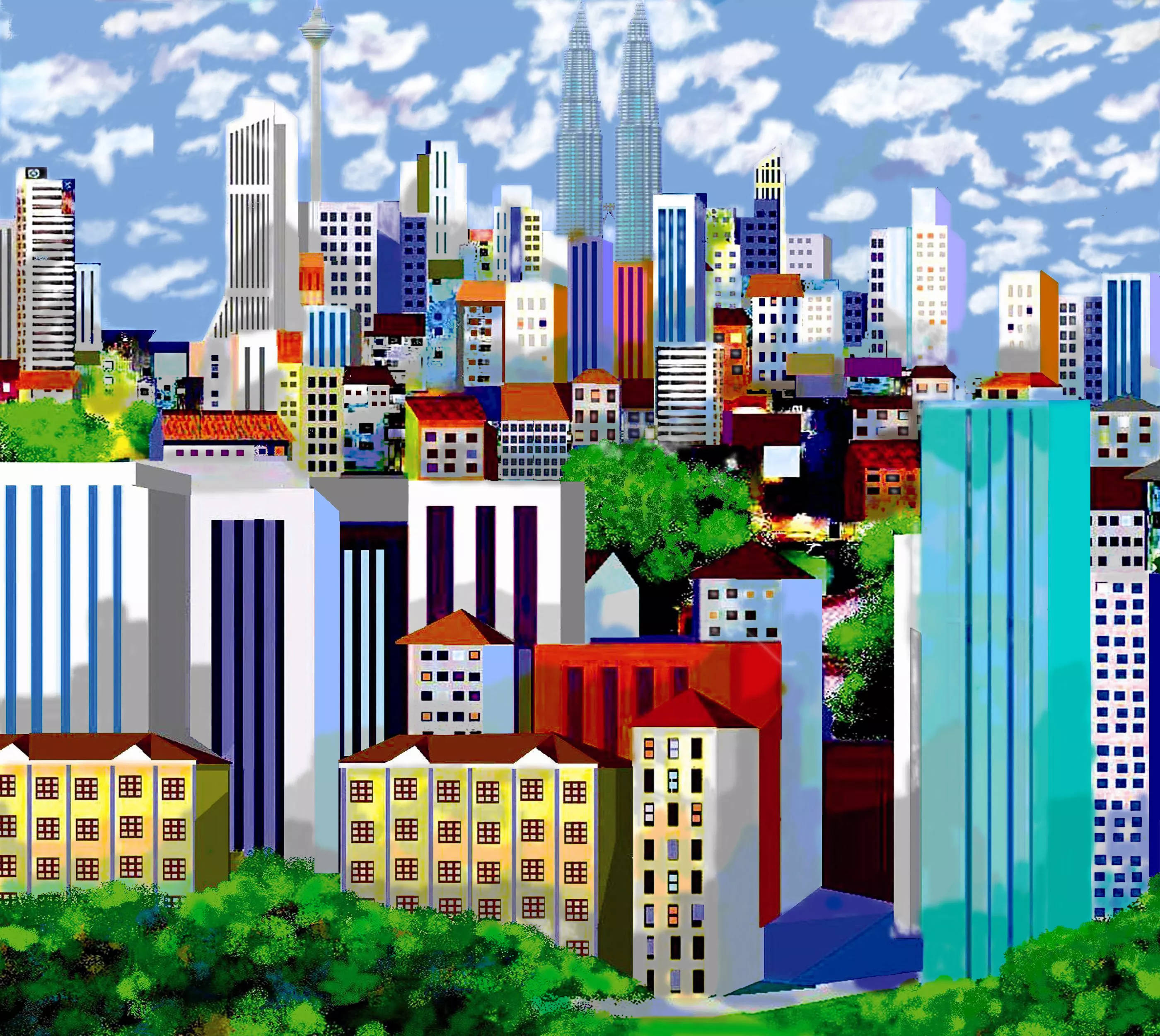 Kuala 桌布 壁紙 — 充滿活力的卡通風格城市景觀，色彩繽紛的摩天大樓和茂密的綠植，在明亮的藍天白雲下。