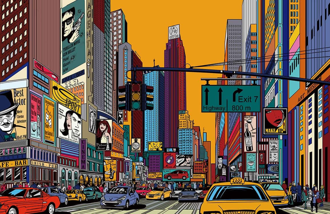 New York Art 桌布 壁紙 — 充滿活力的卡通風格城市街道，佈滿色彩繽紛的摩天大樓、發光的廣告看板和黃色計程車，天空呈橙色。