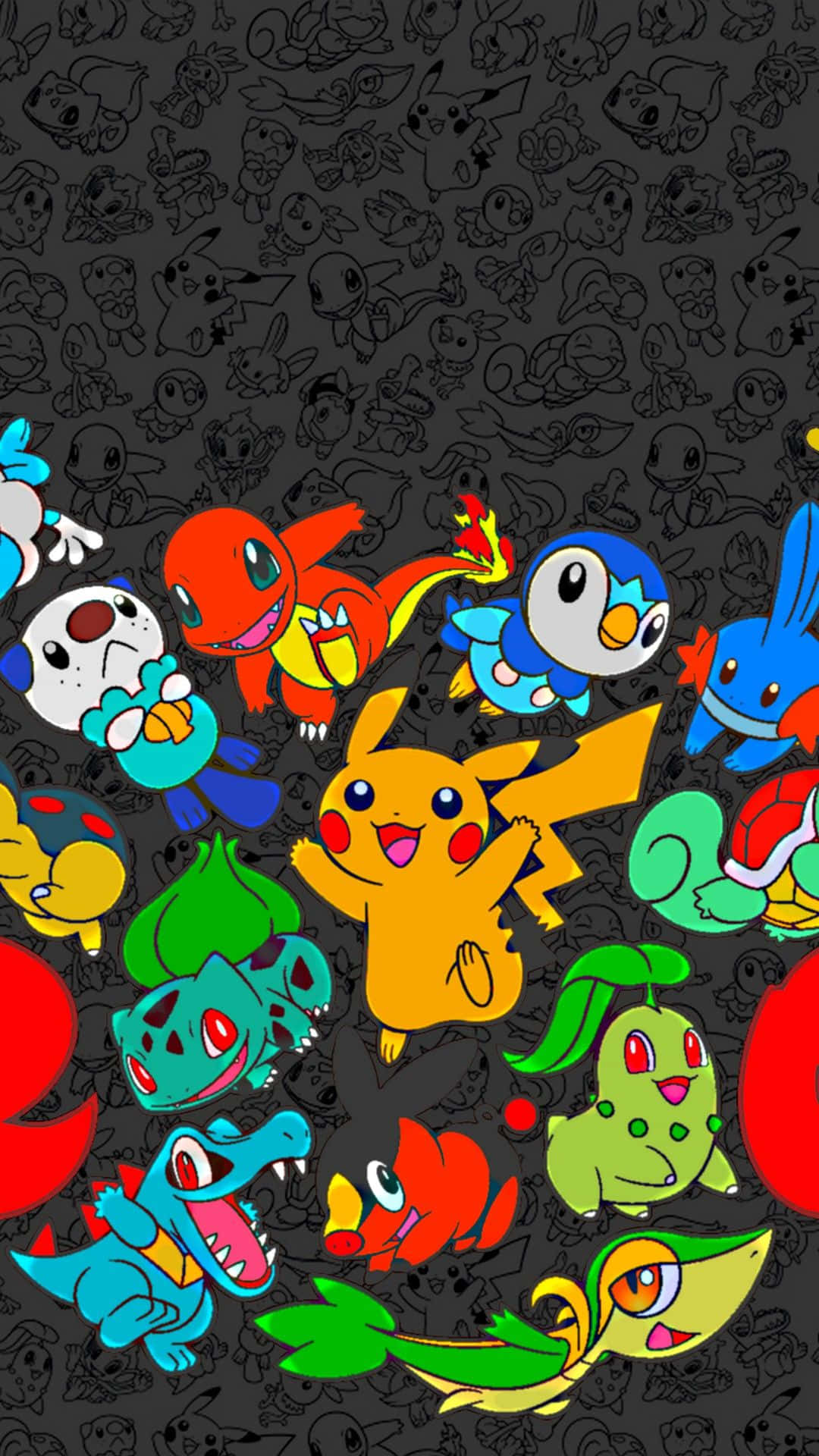 Pokemon Characters 桌布 壁紙 — 充滿活力的卡通風格寶可夢角色在深灰色背景上突顯出來，背景中充滿了其他寶可夢的模糊輪廓。