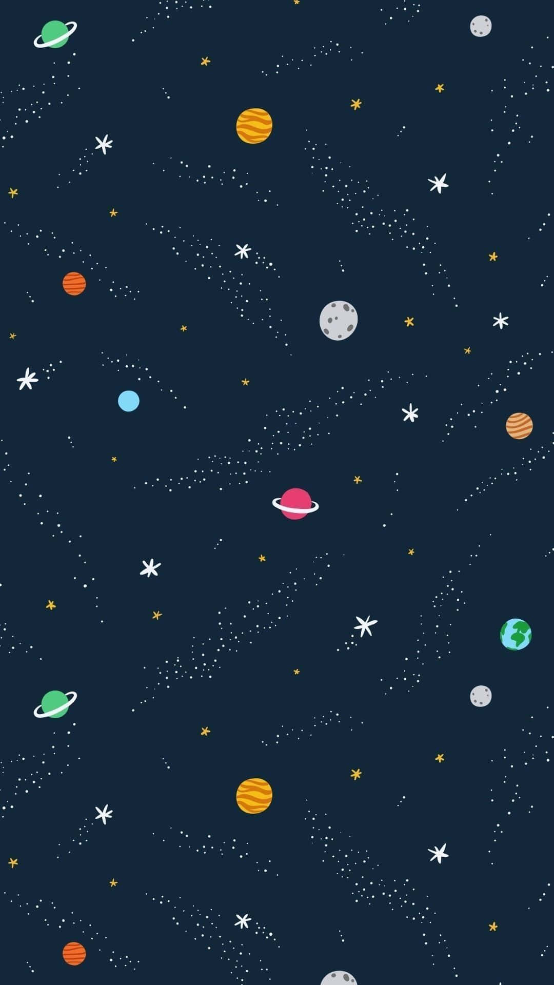 WhatsApp 聊天 桌布 壁紙 — 充滿活力的卡通風格星系壁紙，以深海軍藍為背景，點綴色彩繽紛的行星、星星和宇宙塵埃。