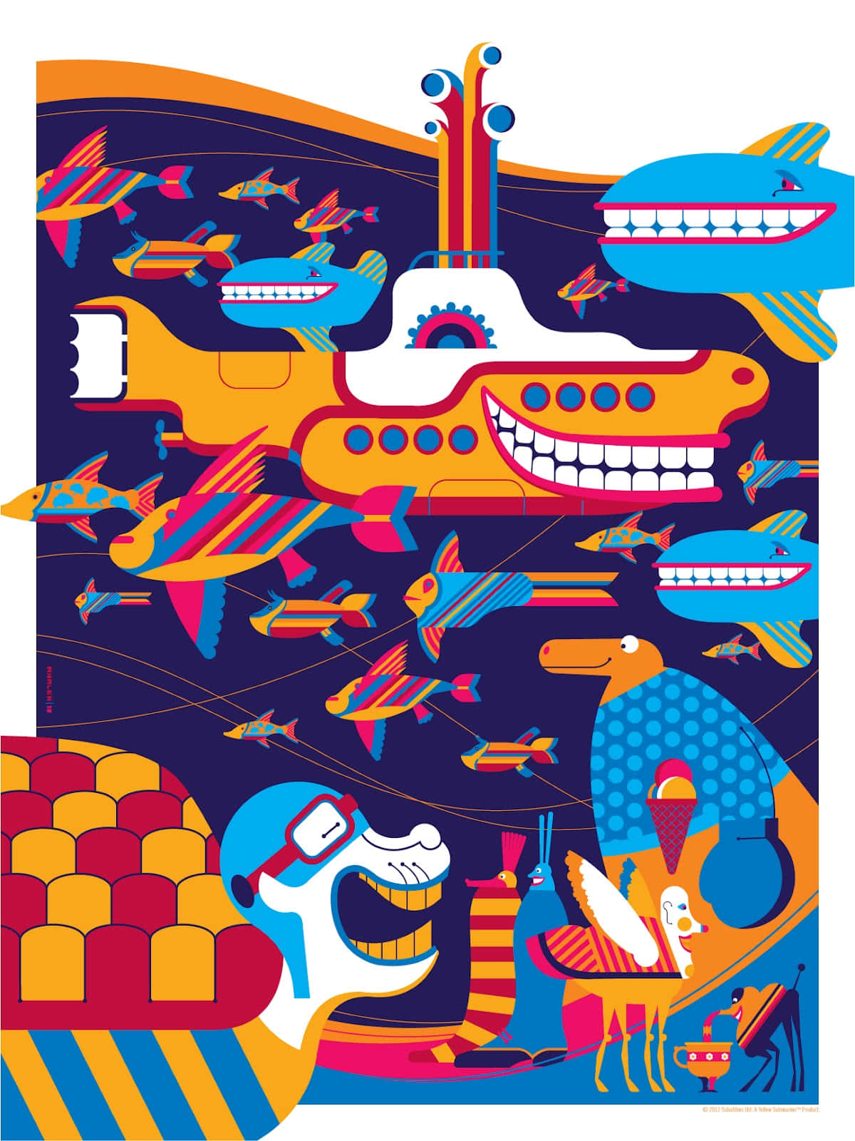 Yellow Submarine 桌布 壁紙 — 充滿活力的卡通風格海底場景，有微笑的潛艇、魚類和古怪的海洋生物，採用大膽的幾何圖案。