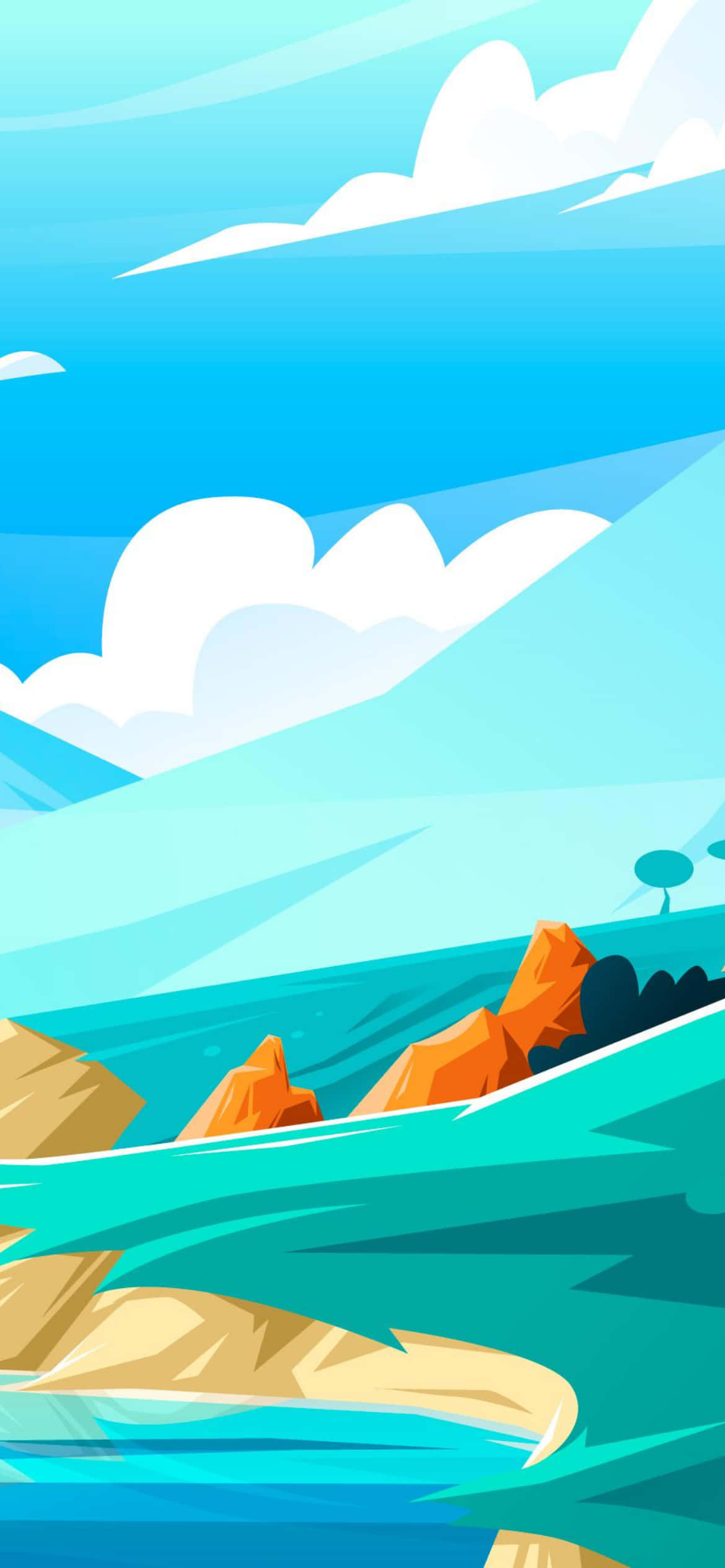 Mountain iPhone 桌布 壁紙 — 充滿活力的卡通風格海洋，綠松石色的波浪拍打著橙色和米色的懸崖，明亮的藍天上有蓬鬆的白雲。