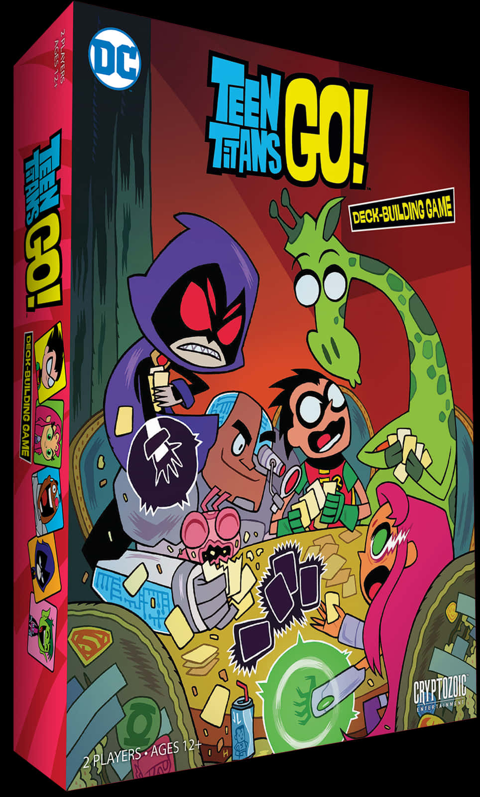 Teen Titans Go Raven 桌布 壁紙 — 充滿活力的卡通風格盒裝藝術，用於 Teen Titans Go! 牌組構建遊戲，展示動畫角色在混亂的卡牌遊戲動作中。
