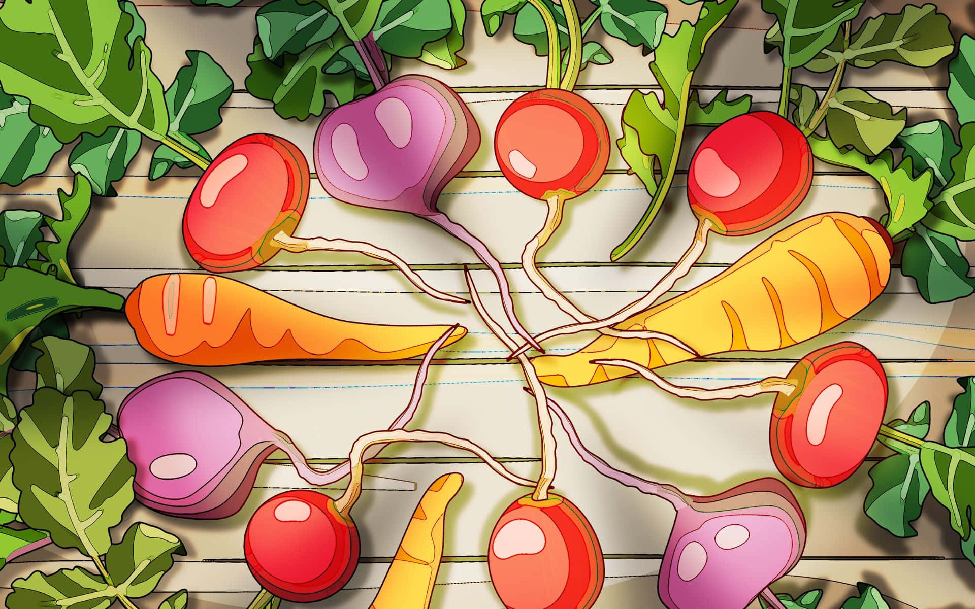 Carrots 桌布 壁紙 — 充滿活力的卡通風格蘿蔔和胡蘿蔔，帶有綠色頂部，排列在橫線筆記本紙上。