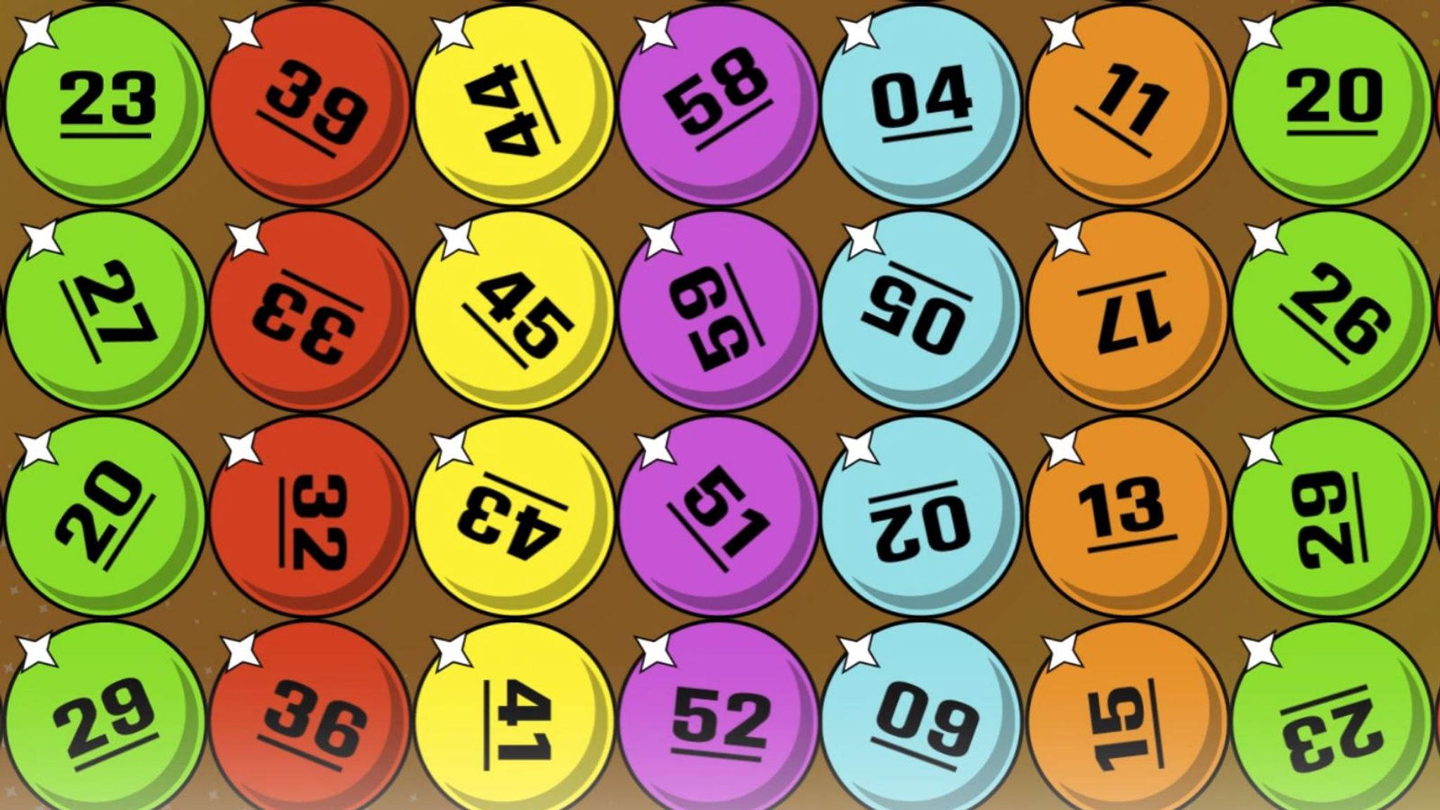 Powerball 桌布 壁紙 — 充滿活力的卡通風格賓果球，數字排列在棕色背景的網格中。