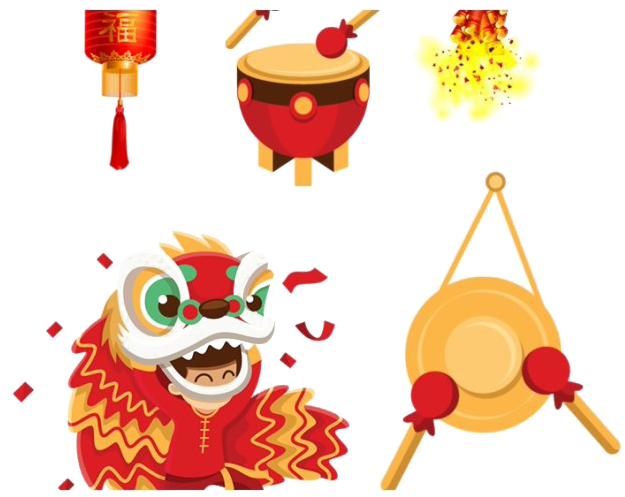 新年 桌布 壁紙 — 充滿活力的卡通風格農曆新年圖標，包括舞獅、鼓、鑼和帶有節日閃光的紅燈籠。