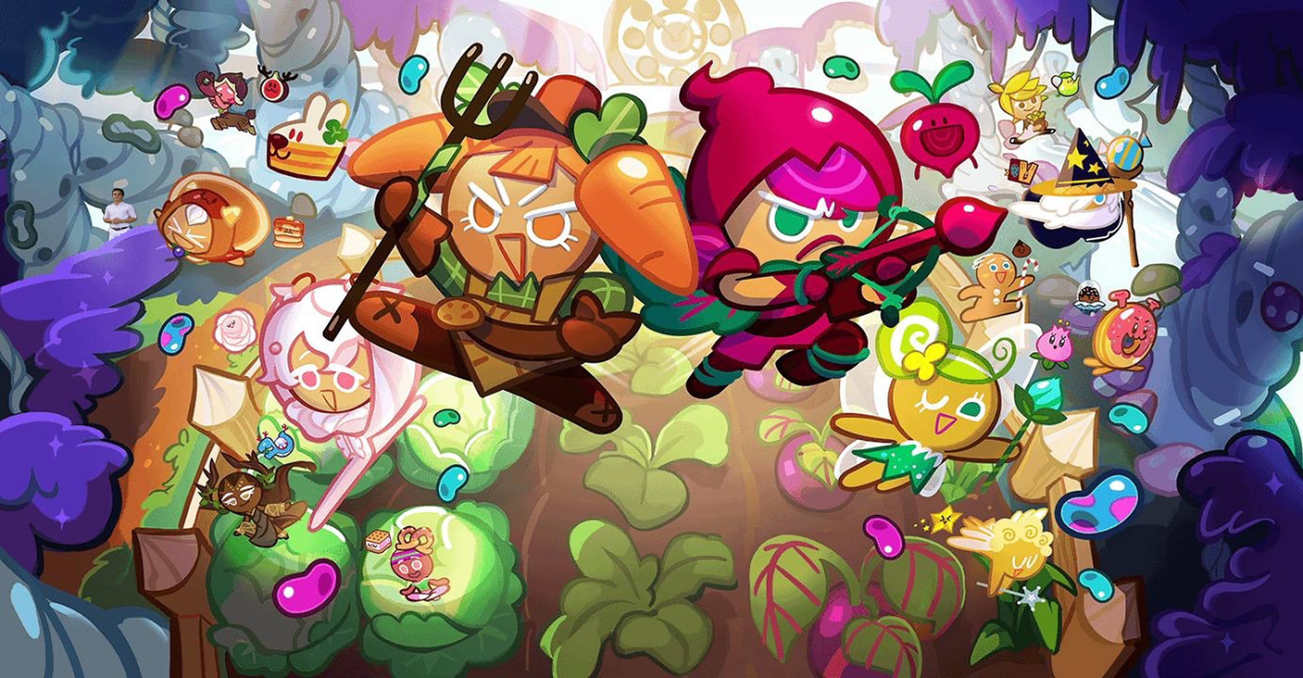 Cookie Run 桌布 壁紙 — 充滿活力的卡通餅乾在一個充滿漂浮水果和色彩繽紛葉子的奇幻花園中戰鬥。
