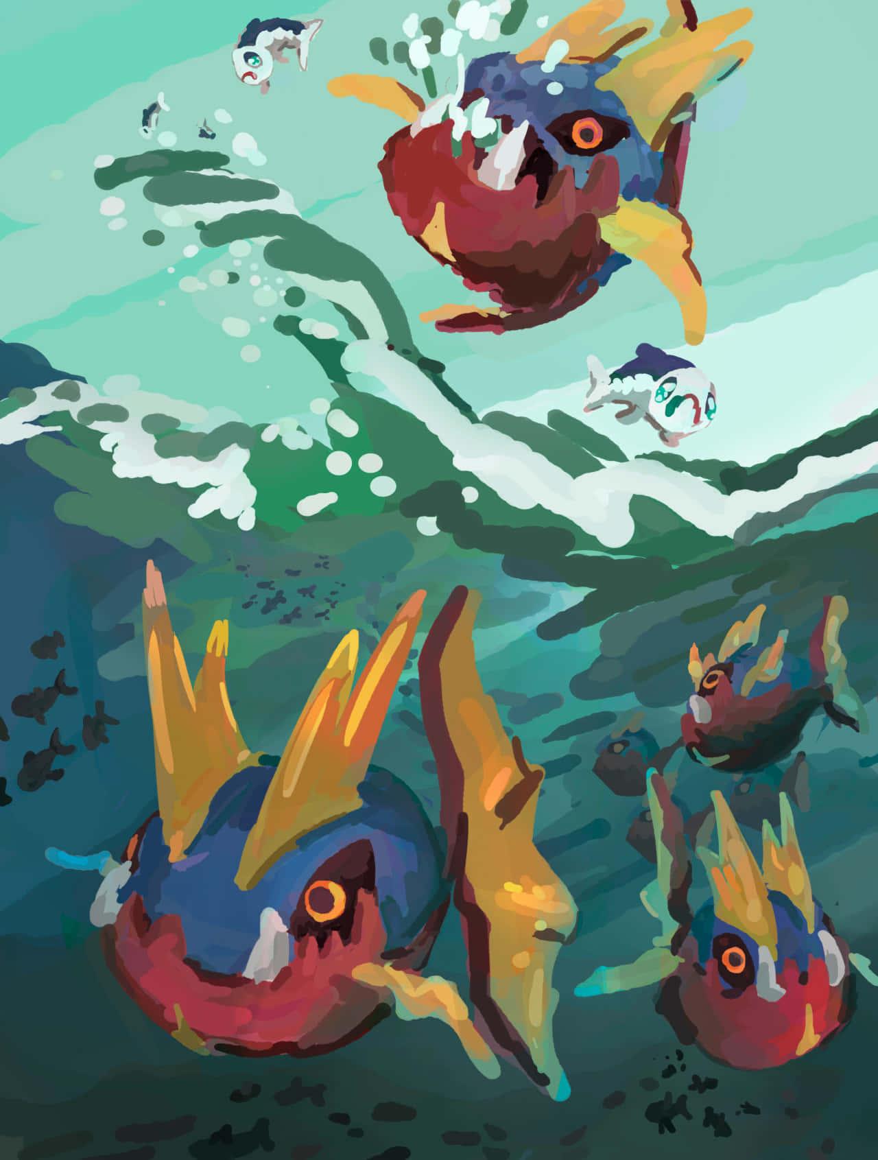 寶可夢 桌布 壁紙 — 充滿活力的卡通魚，黃色魚鰭，在碧綠波浪中跳躍，呈現俏皮的水下場景。