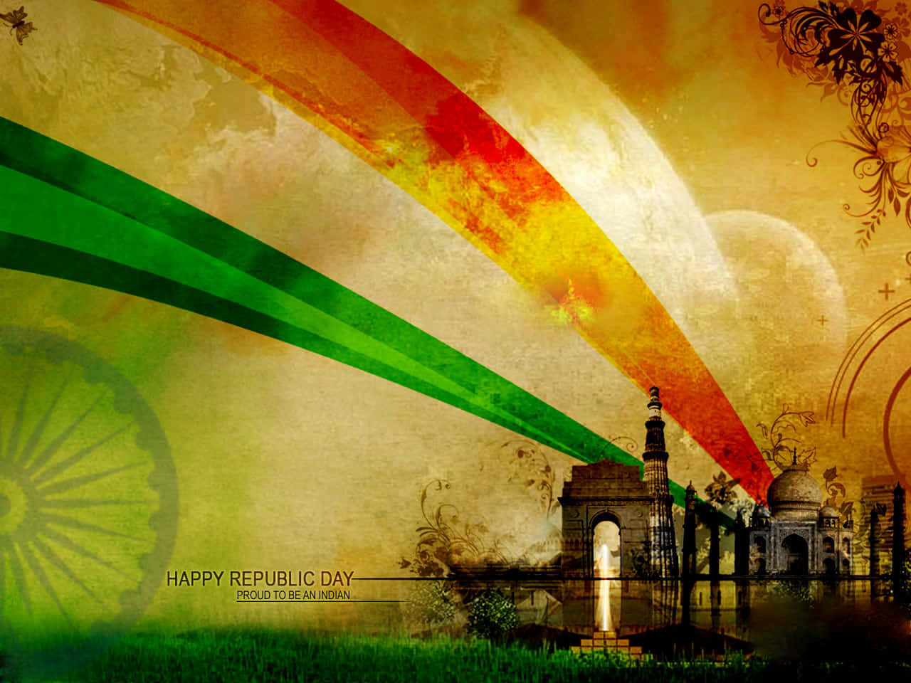 Republic Day 桌布 壁紙 — 充滿活力的印度國旗條紋掠過紋理天空，下方是倒映在水中的標誌性紀念碑。