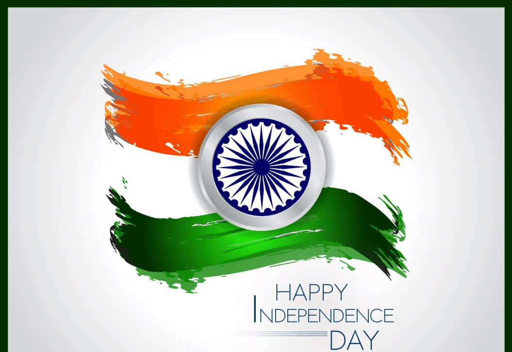 Independence Day 桌布 壁紙 — 充滿活力的印度國旗筆觸設計，中央為阿育王法輪，下方有慶祝文字。