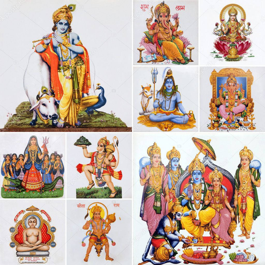 Hindu God 桌布 壁紙 — 充滿活力的印度教神靈拼貼畫，包括克里希納、象頭神、濕婆和佛陀，以色彩繽紛的傳統圖像描繪。