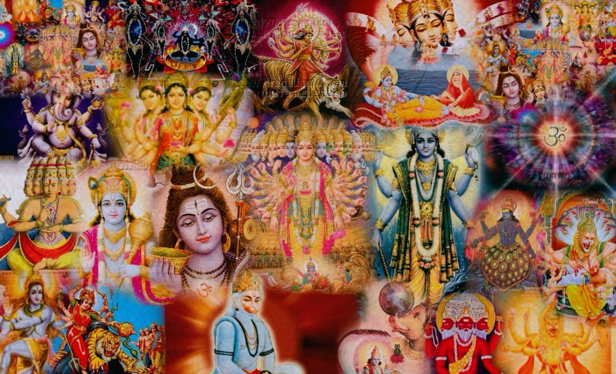 Indian 桌布 壁紙 — 充滿活力的印度教神靈拼貼畫，身著華麗的傳統服飾，在色彩繽紛的神聖掛毯上散發神聖能量。