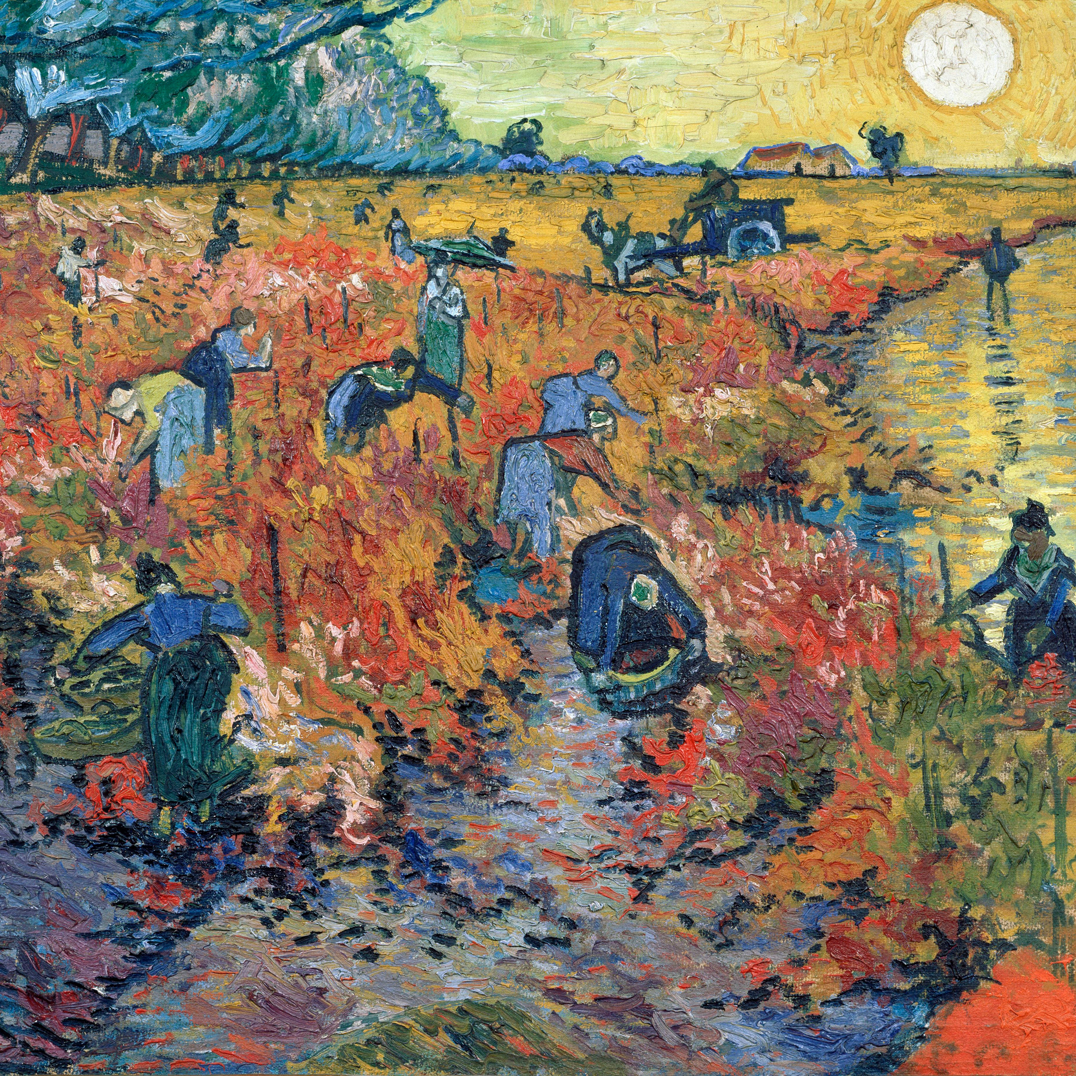 Vincent 桌布 壁紙 — 充滿活力的印象派畫作，描繪工人在陽光明媚的田野中收割，筆觸大膽，色彩溫暖如秋。