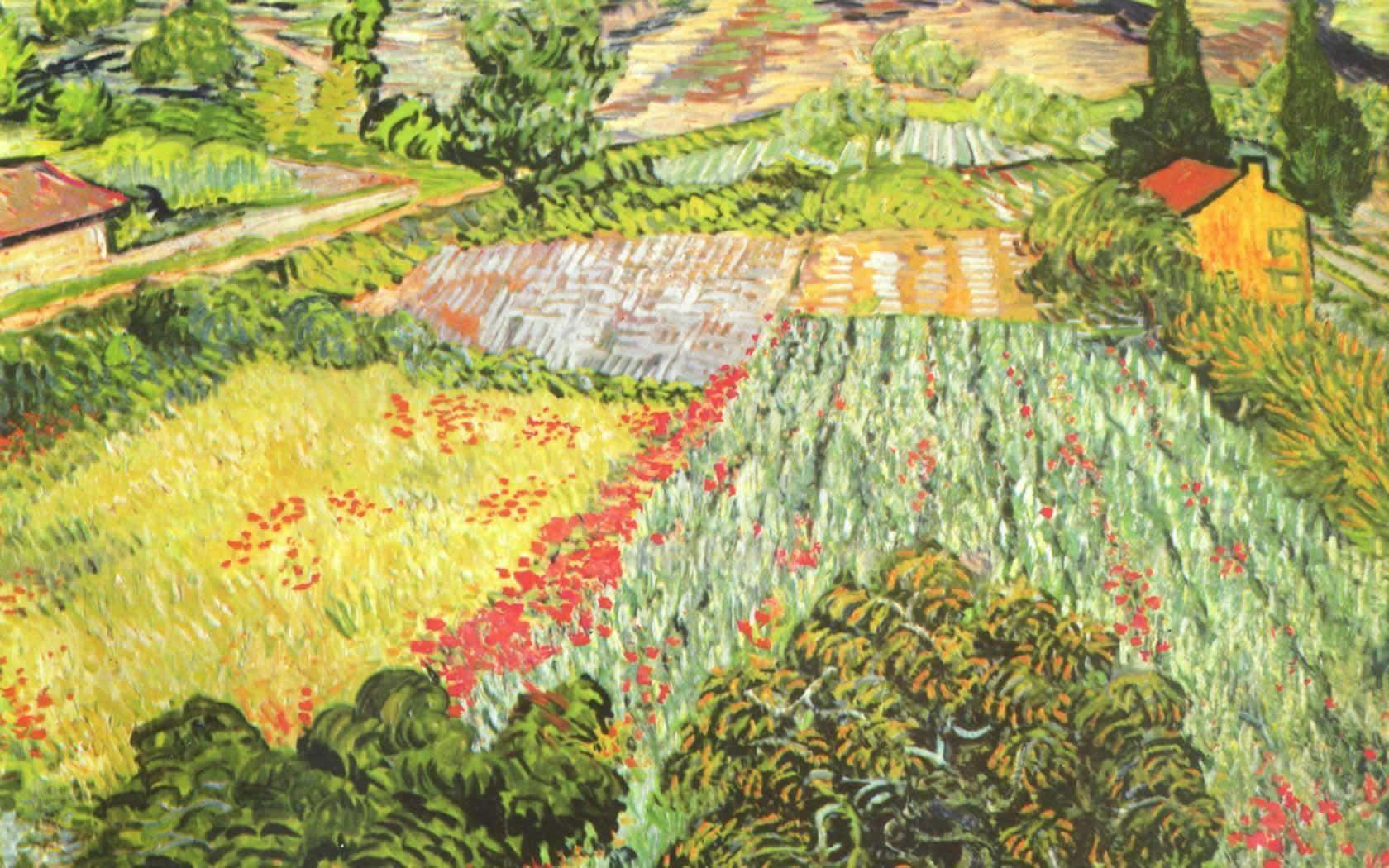 Fine Arts 桌布 壁紙 — 充滿活力的印象派畫作，描繪陽光明媚的田野，有紅色罌粟花、綠樹和質樸的房屋，天空明亮。