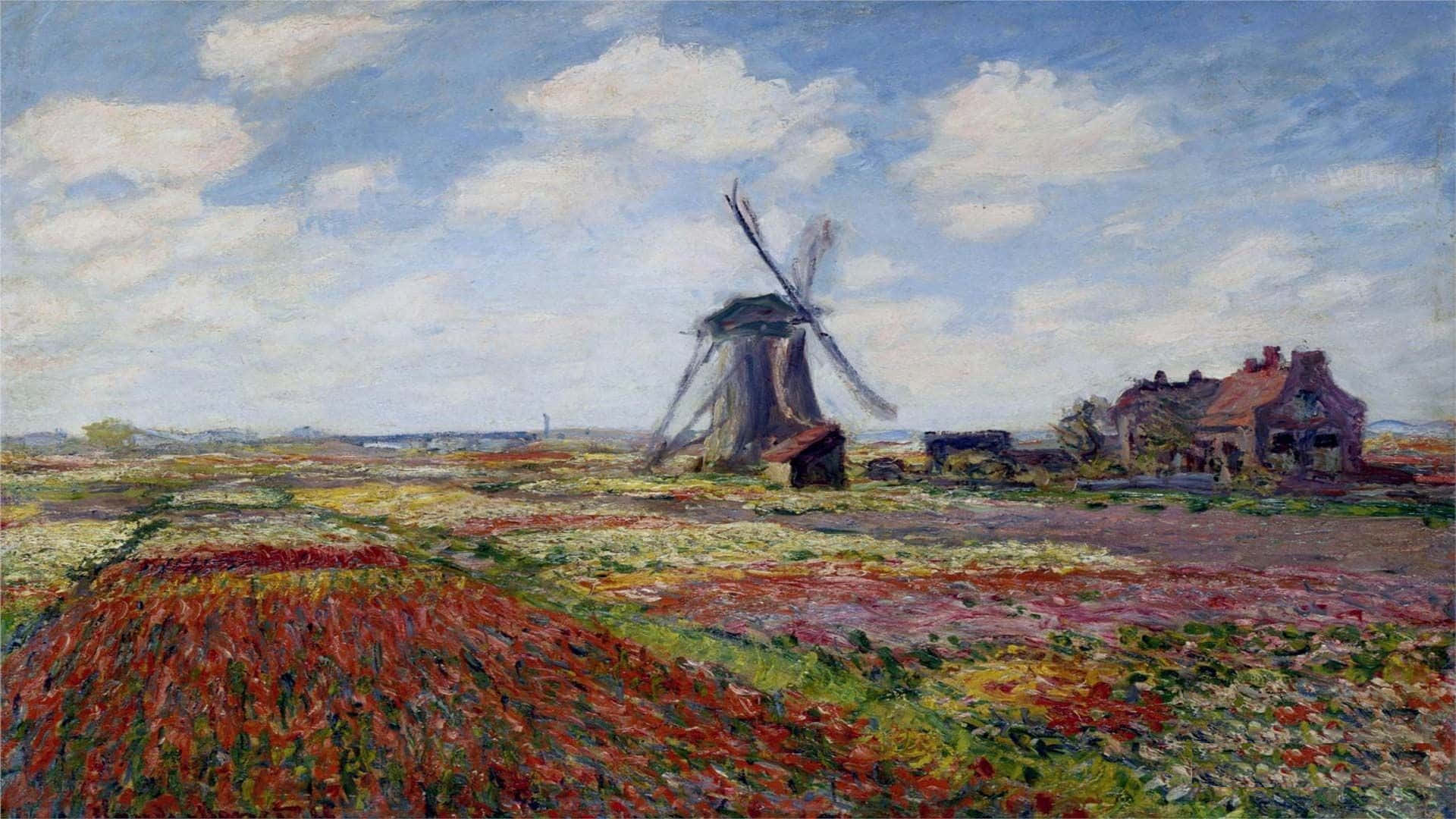 Impressionism 桌布 壁紙 — 充滿活力的印象派紅黃花田，在陰雲密佈的藍天下延伸至風車和農舍。