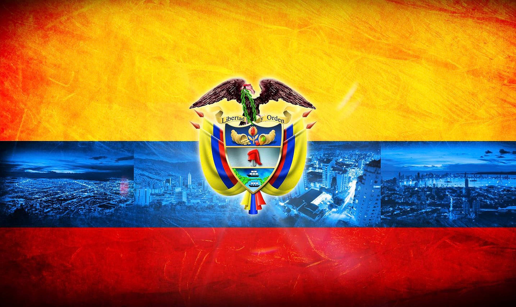 Colombia 桌布 壁紙 — 充滿活力的厄瓜多國旗，國徽居中，置於藍色調的城市景觀拼貼畫之上。