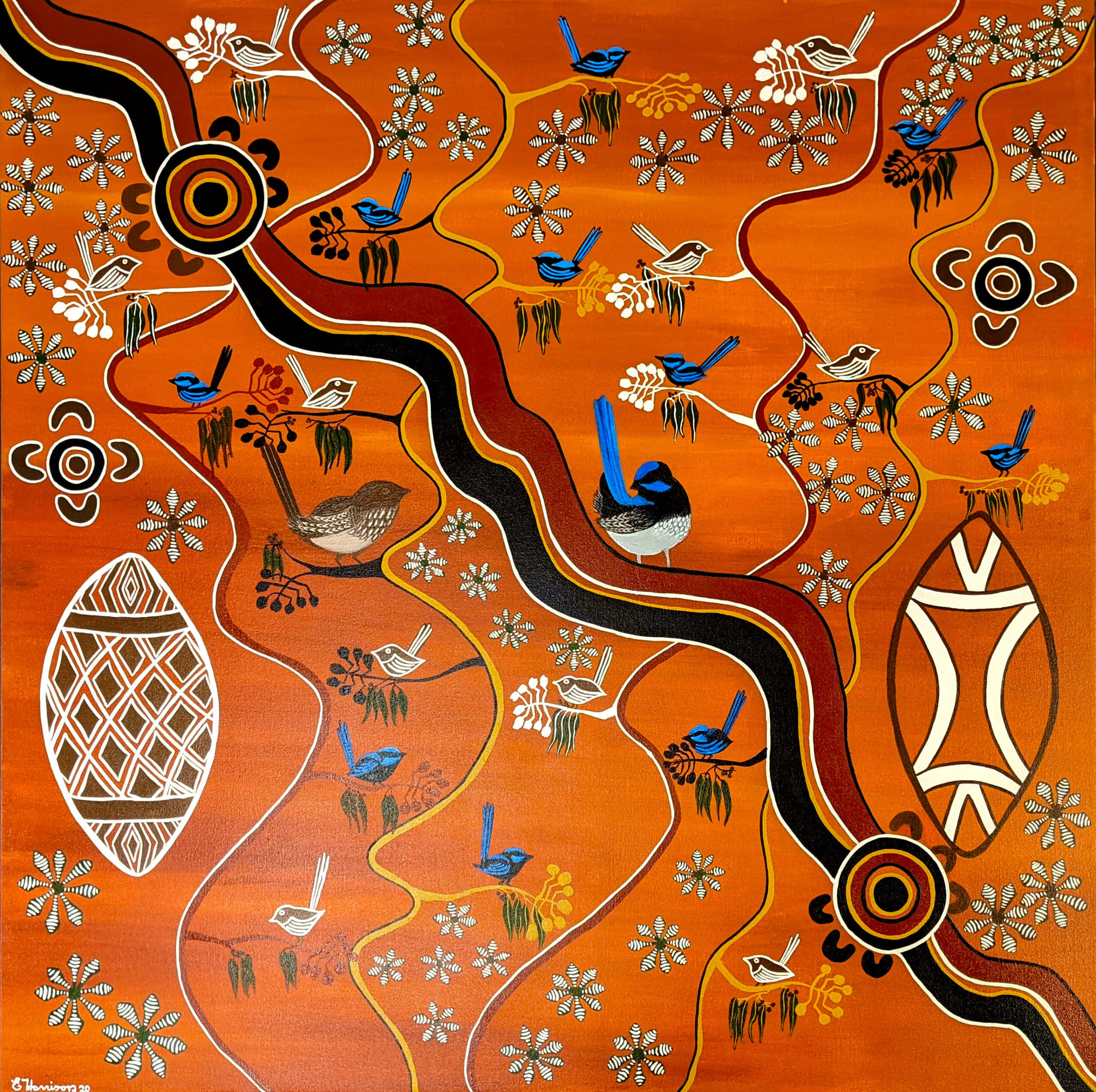 Aboriginal 桌布 壁紙 — 充滿活力的原住民藝術品描繪了藍色鳥兒棲息在蜿蜒的河流小徑上，周圍是白色花卉圖案和象徵性圓圈，背景為溫暖的橙色畫布。