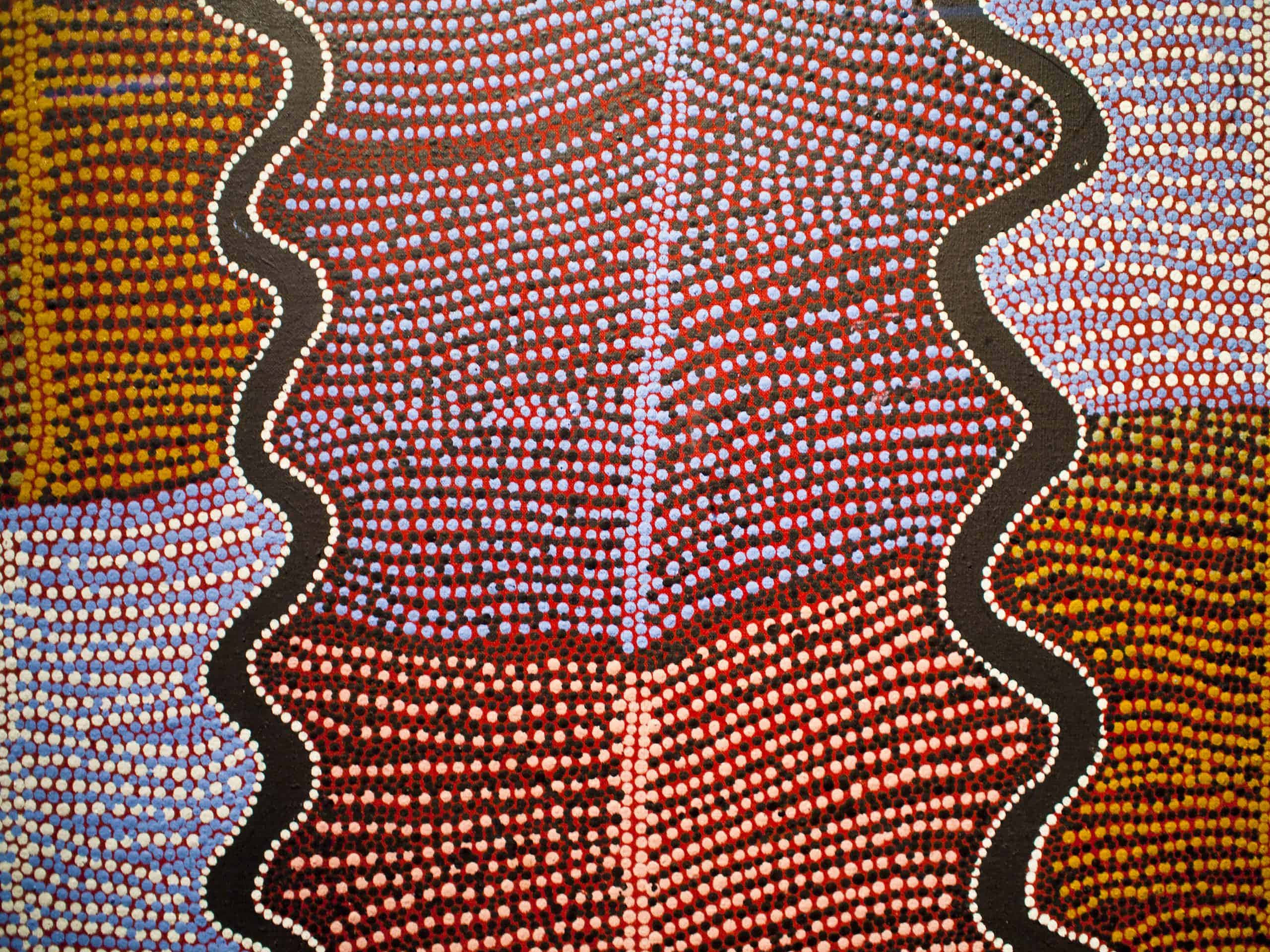 Aboriginal 桌布 壁紙 — 充滿活力的原住民點畫，波浪狀的黑線分隔了紅色、橙色、藍色和黃色點的區域。