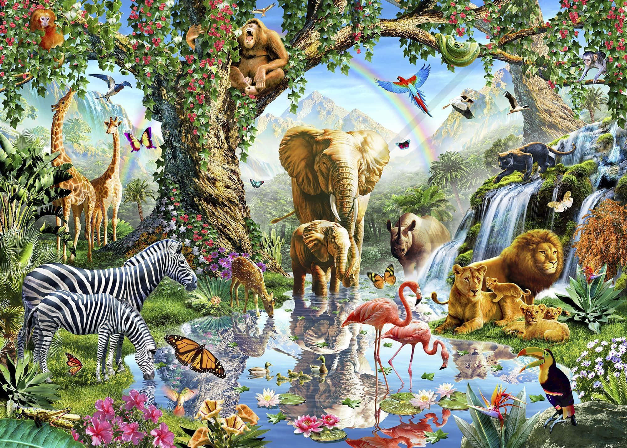 森林 桌布 壁紙 — 充滿活力的叢林場景，大象、斑馬、獅子和猴子聚集在彩虹下的瀑布周圍。