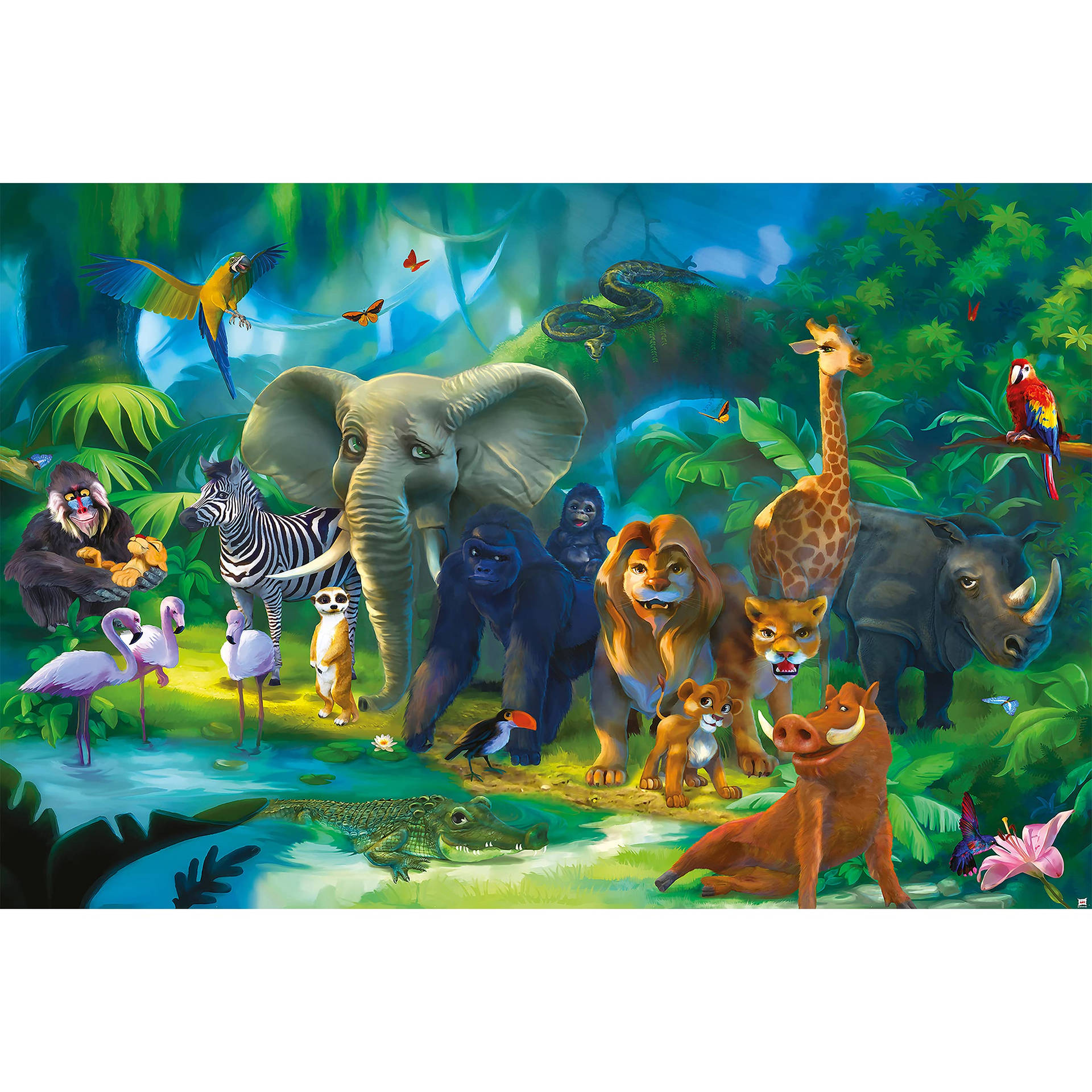  壁紙 — 充滿活力的叢林場景，大象、獅子和猴子等多樣動物聚集在發光的池塘附近，上方是茂密的綠色樹冠。