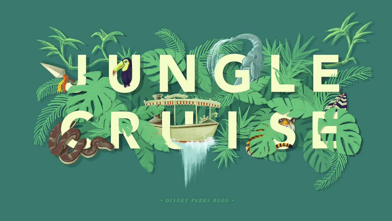 Jungle Cruise 桌布 壁紙 — 充滿活力的叢林巡航標誌，有巨嘴鳥、大象、蛇和船在青綠色背景上從茂密的綠葉中窺視。