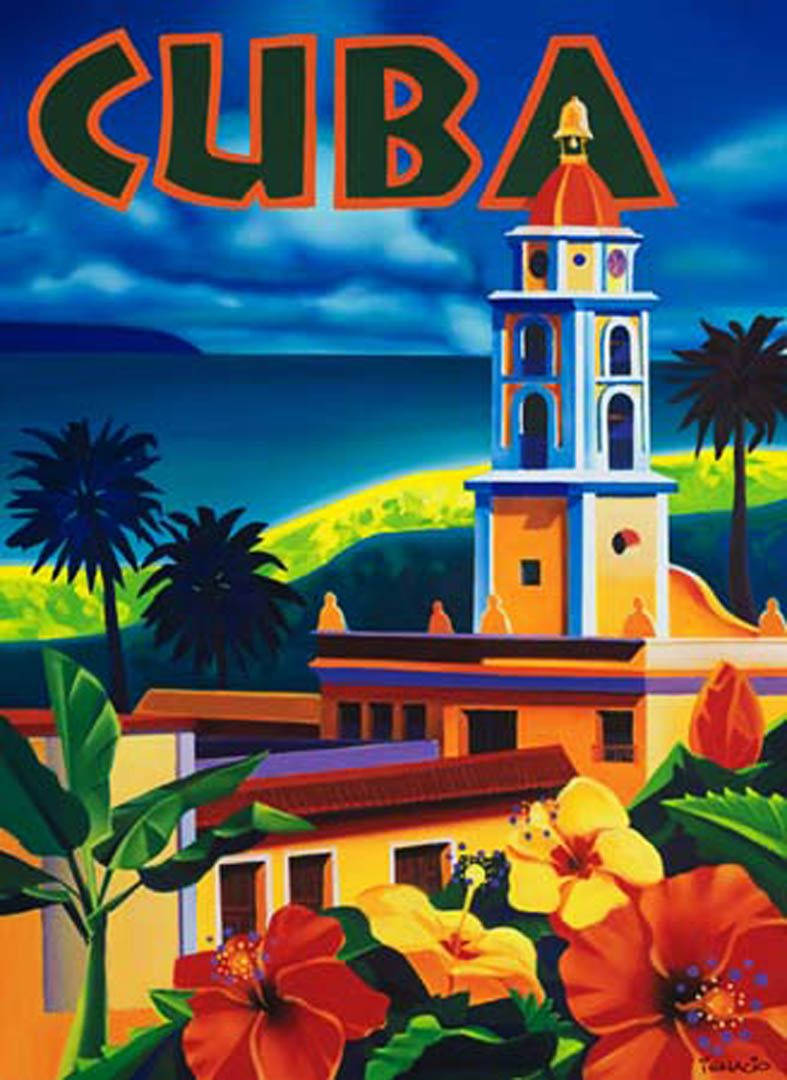 Cuba 桌布 壁紙 — 充滿活力的古巴復古海報，描繪色彩繽紛的教堂尖塔、棕櫚樹和熱帶花卉，背景是戲劇性的天空。