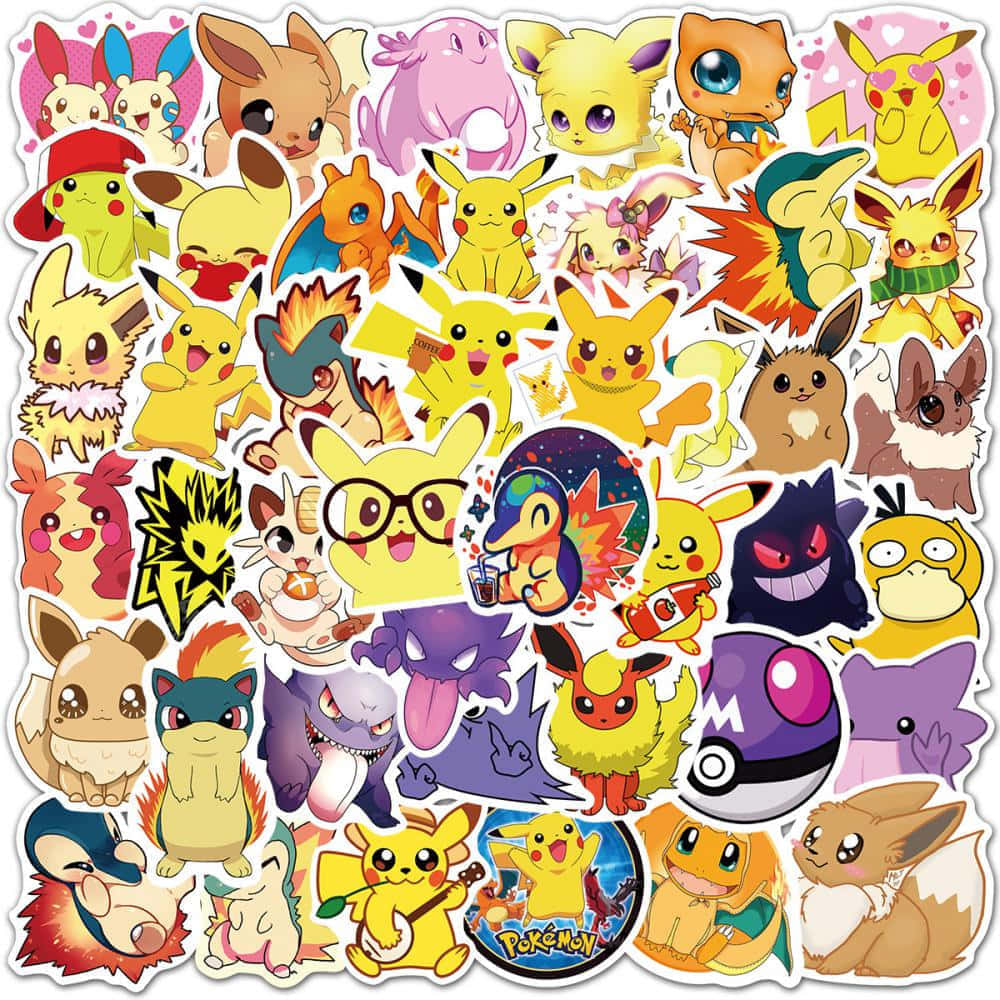 Pokemon Stickers 桌布 壁紙 — 充滿活力的可愛寶可夢貼紙拼貼畫，包含皮卡丘、伊布及其他角色，以各種俏皮姿勢和服裝呈現。