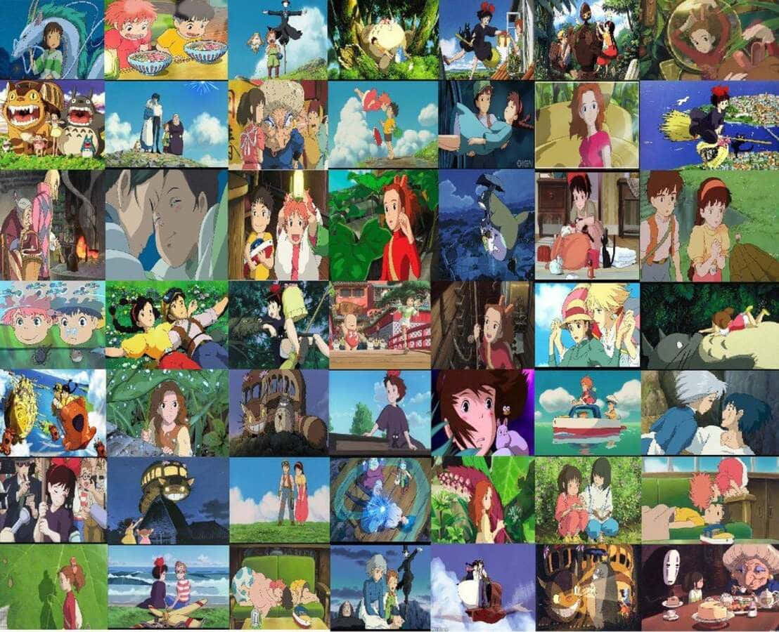 Hayao Miyazaki Movies 桌布 壁紙 — 充滿活力的吉卜力工作室動畫場景拼貼畫，展現了茂盛自然和奇幻環境中的多樣角色。