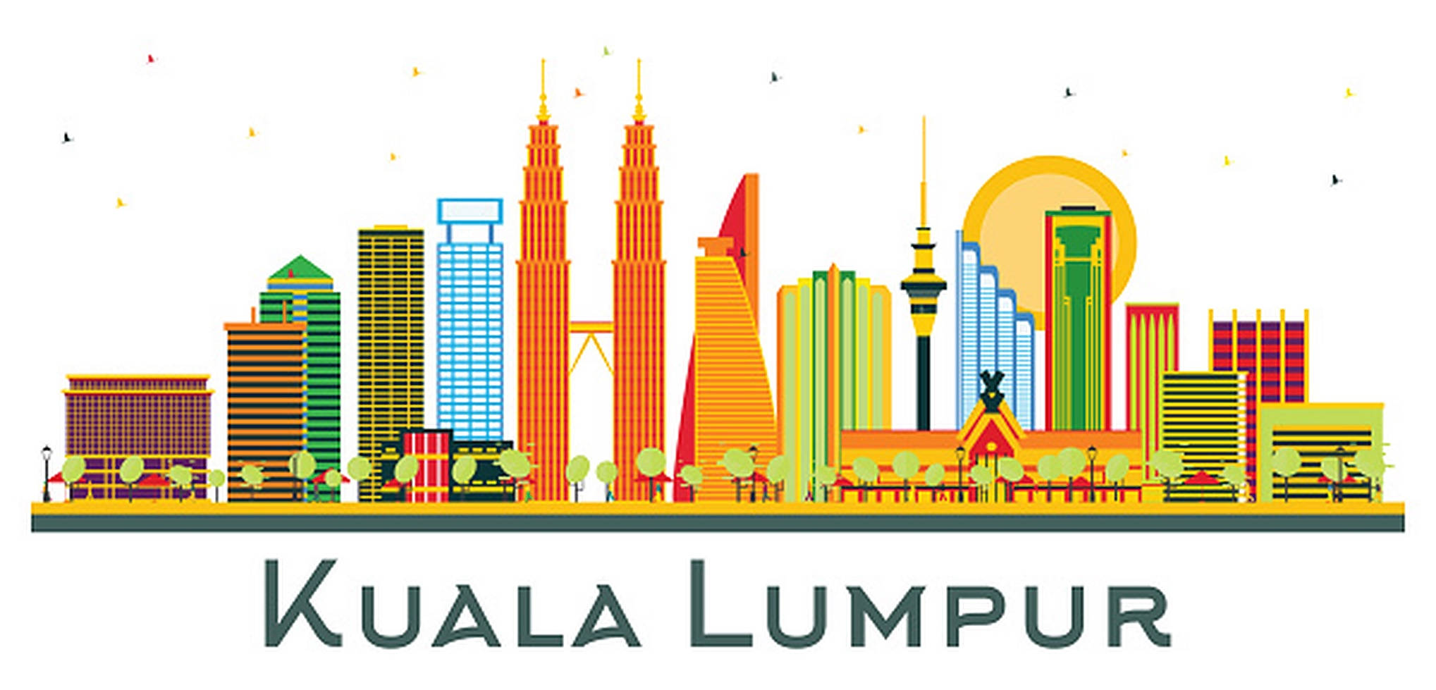 Kuala 桌布 壁紙 — 充滿活力的吉隆坡風格天際線，擁有標誌性塔樓和色彩繽紛的建築，在明亮的陽光下。