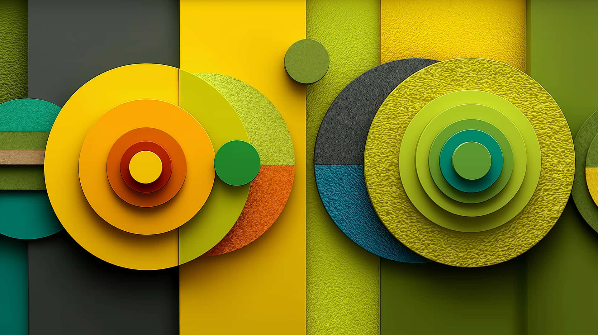 Abstract Geometric Circles and Layers in Earthy Tones 壁紙 — 充滿活力的同心圓，以黃色、綠色和藍綠色層疊在帶有紋理的垂直條紋上。