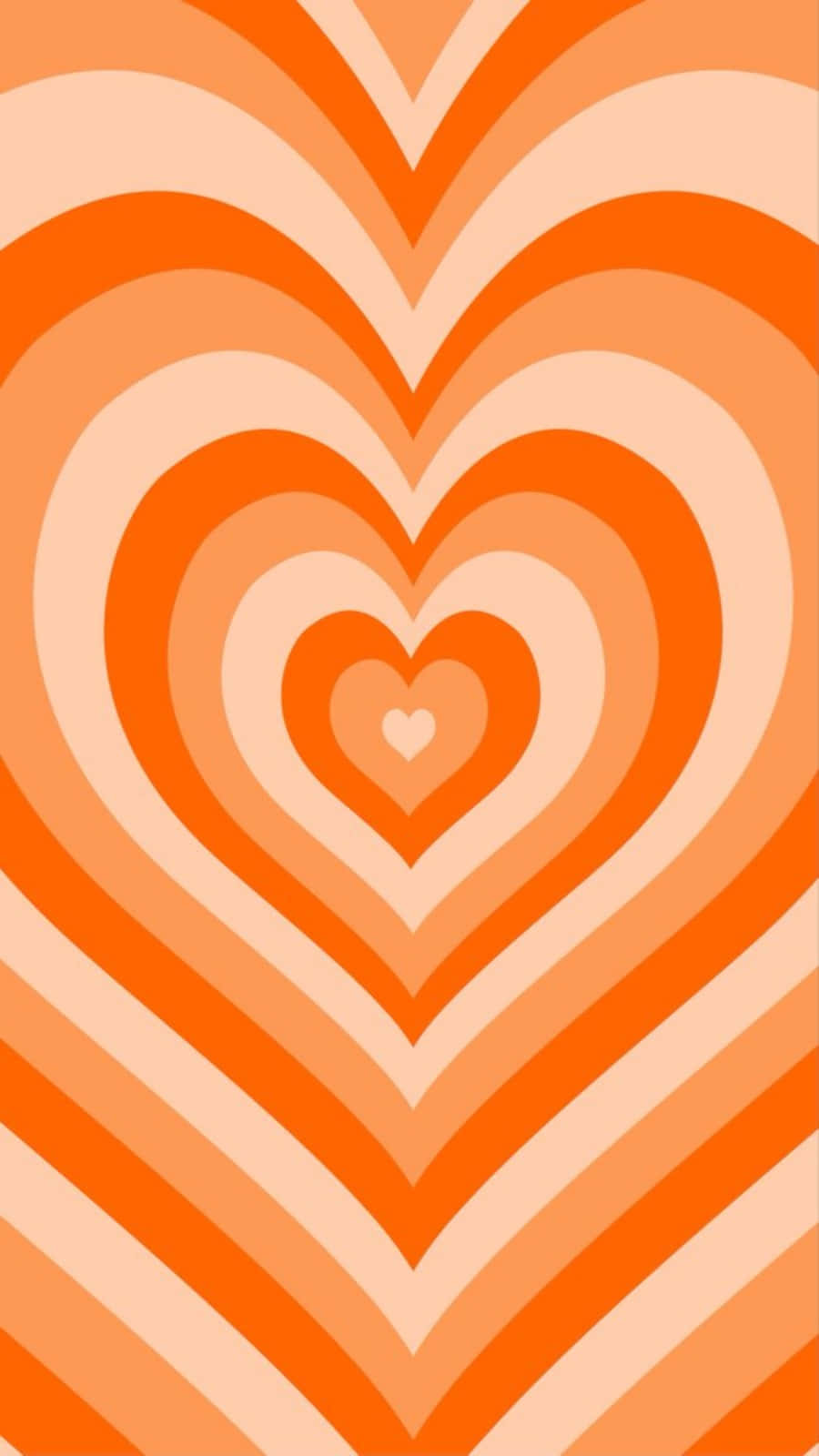 Orange Heart 桌布 壁紙 — 充滿活力的同心心形，以溫暖的橙色調營造出從中心向外輻射的迷幻復古圖案。