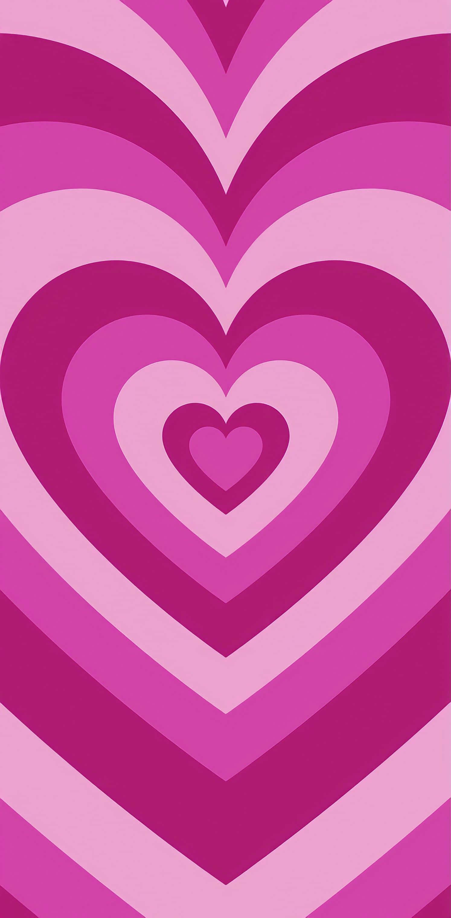 Glitter Pink Hearts 桌布 壁紙 — 充滿活力的同心愛心圖案以漸層粉紅色呈現，營造出從中心向外輻射的復古迷幻風格。