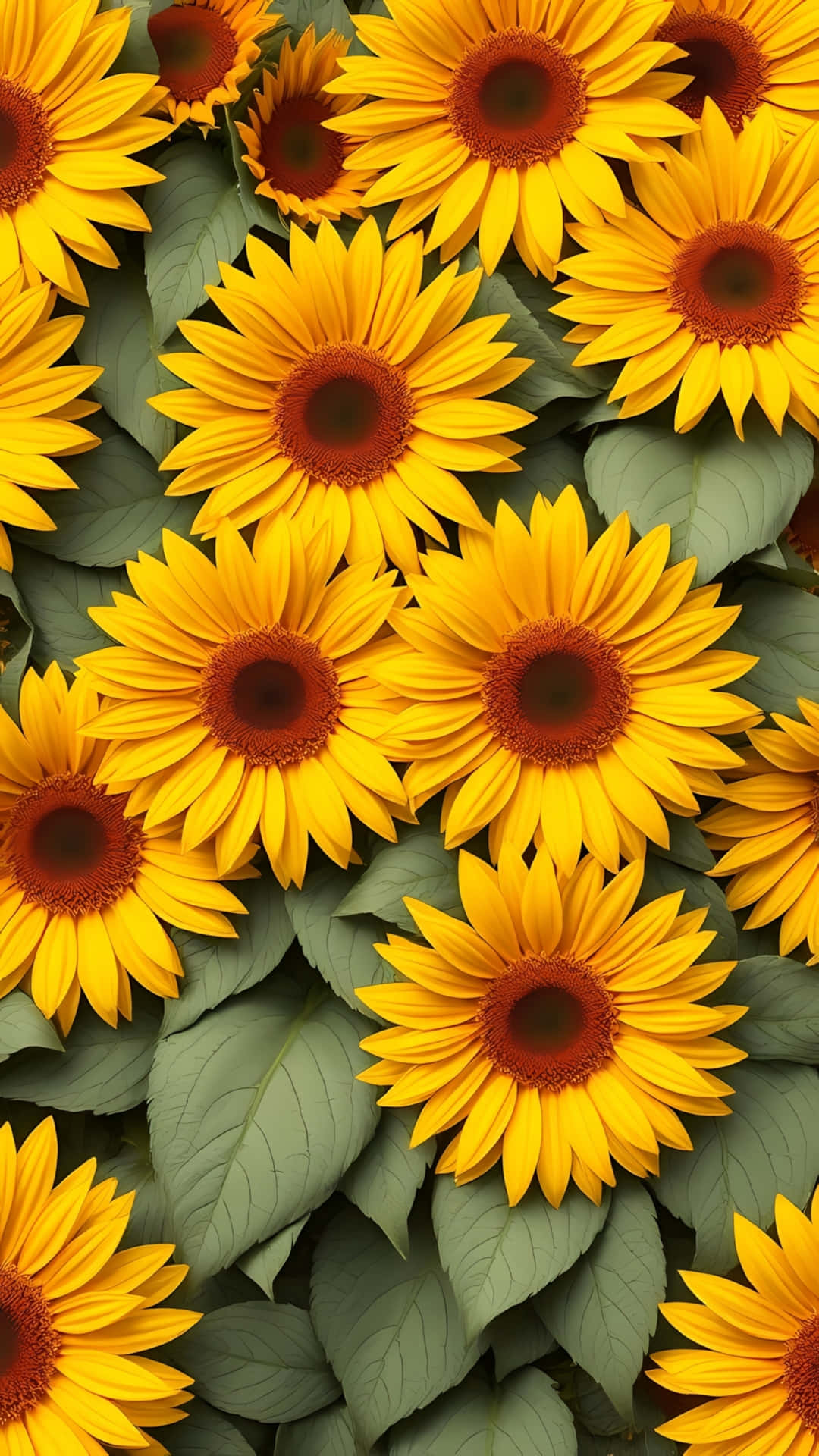 Vibrant Yellow Sunflowers Background 壁紙 — 充滿活力的向日葵，金色花瓣和深色中心，在茂密的綠葉間密集綻放。