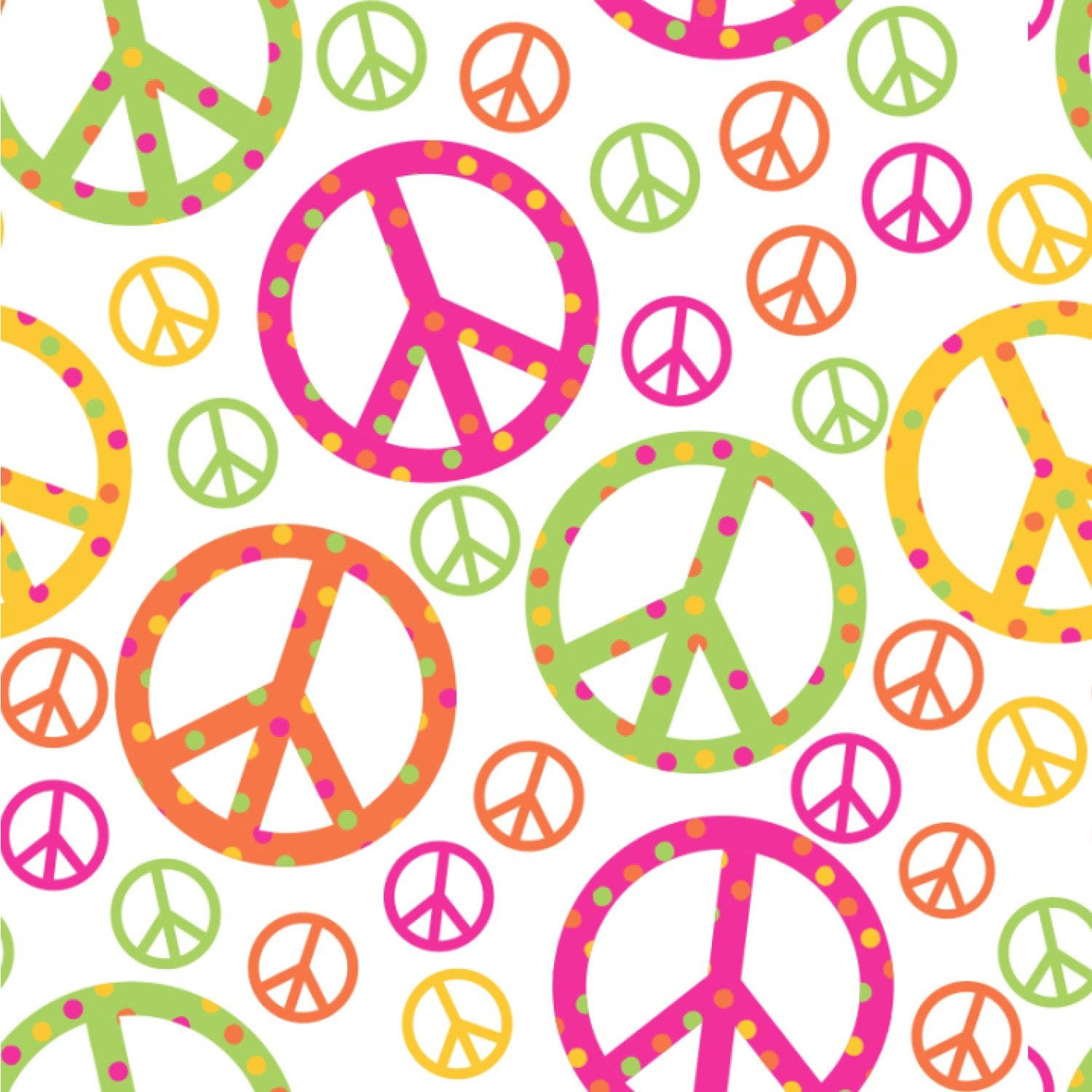 Peace Symbol 桌布 壁紙 — 充滿活力的和平符號，以粉紅色、綠色、橙色和黃色搭配圓點圖案，在白色背景上重複。