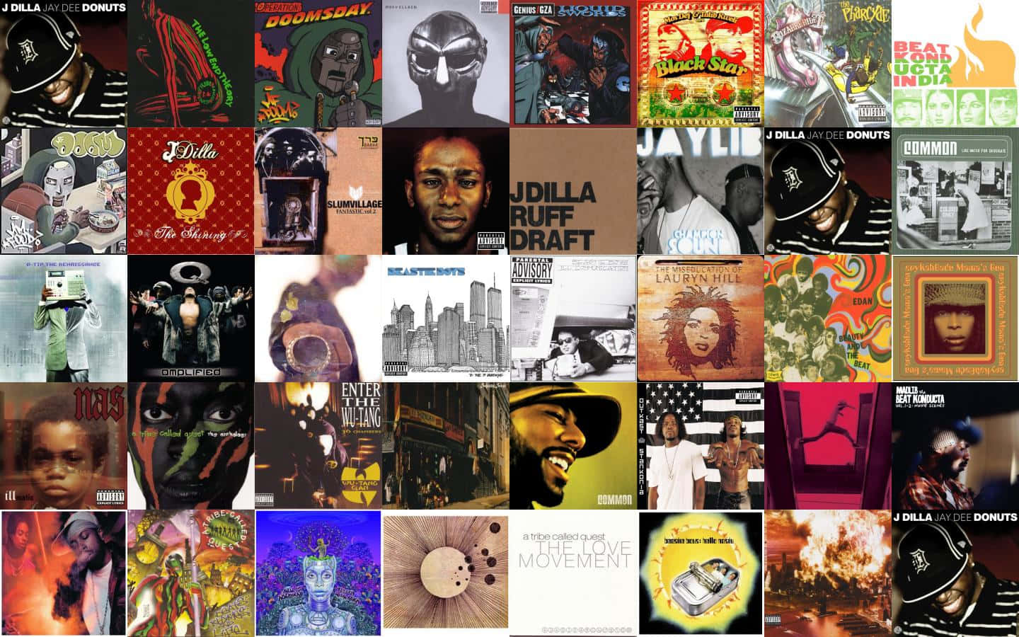 電影動圖 桌布 壁紙 — 充滿活力的嘻哈專輯封面拼貼， featuring J Dilla、Common 和 Nas 等藝術家，具有大膽的圖形和多樣的藝術風格。