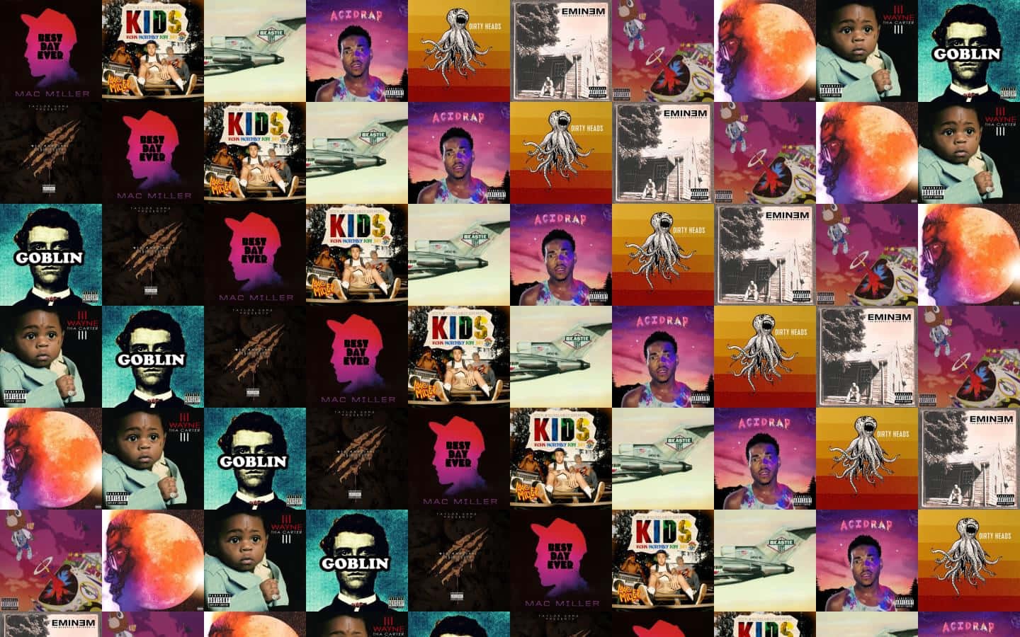 album 桌布 壁紙 — 充滿活力的嘻哈專輯封面拼貼， featuring Mac Miller 和 Eminem 等藝術家，色彩大膽，意象超現實。