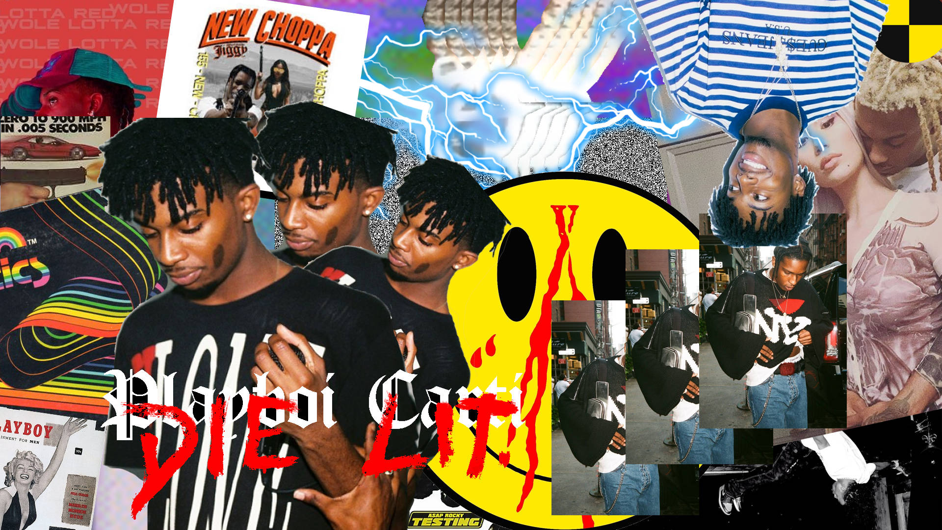 Carti 桌布 壁紙 — 充滿活力的嘻哈文化拼貼，包含藝術家、專輯封面、塗鴉和大膽的圖形元素。