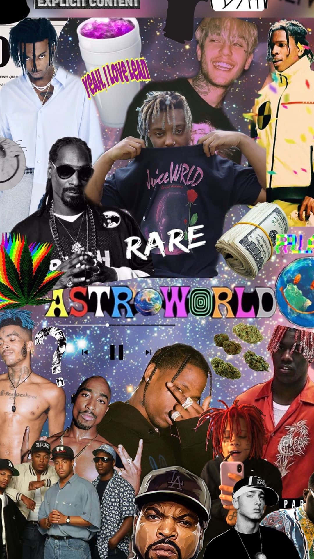 Rapper Collage 桌布 壁紙 — 充滿活力的嘻哈藝術家拼貼畫，背景是星空，包含金錢、大麻和專輯藝術。