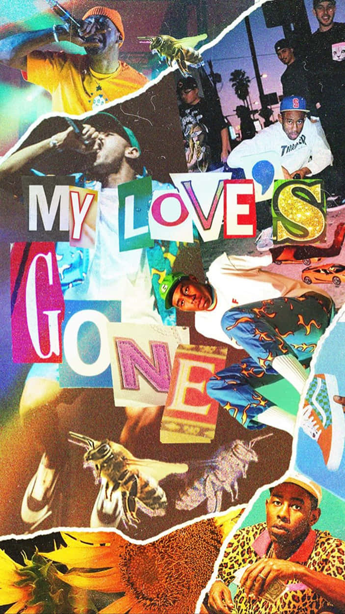 Tyler The Creator 4K 桌布 壁紙 — 充滿活力的嘻哈藝術家與超現實元素拼貼畫，色彩繽紛的碎片化背景上印有粗體文字「MY LOVE'S GONE」。
