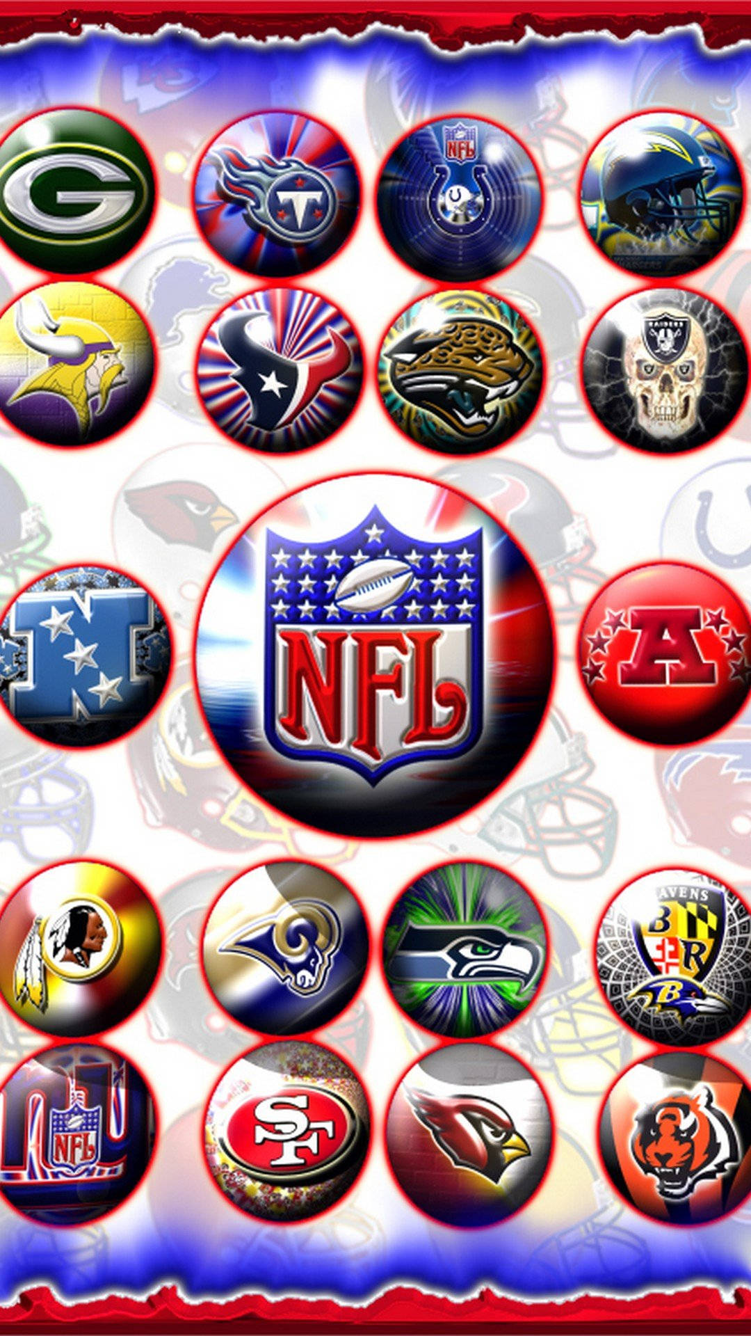 NFL Teams 桌布 壁紙 — 充滿活力的圓形NFL球隊標誌在動態的藍色和紅色背景上發光，帶有微妙的頭盔圖案。